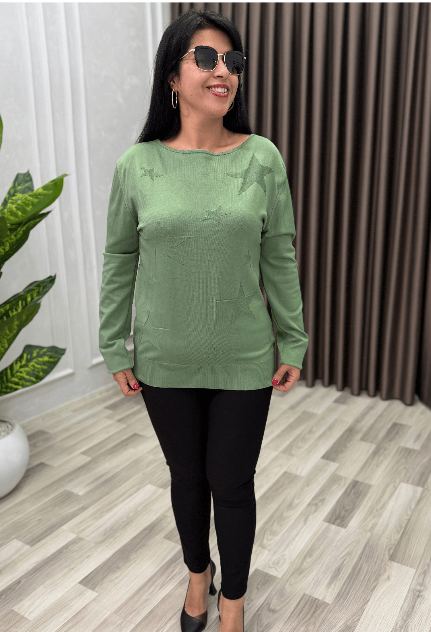 STAR DESENLİ MERSERİZE TRİKO KAZAK ÇAĞLA YEŞİL