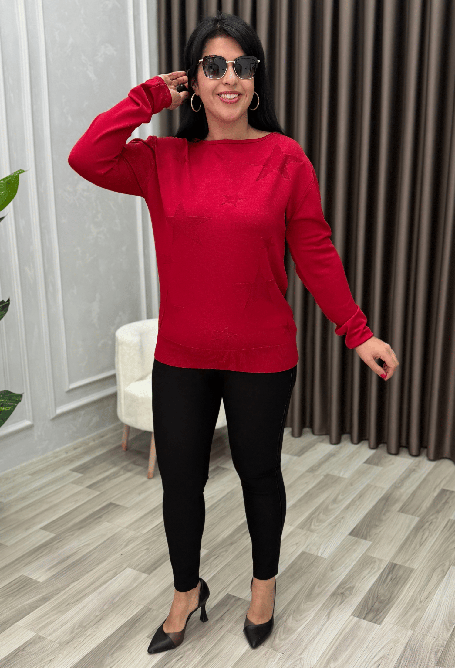 STAR DESENLİ MERSERİZE TRİKO KAZAK KIRMIZI