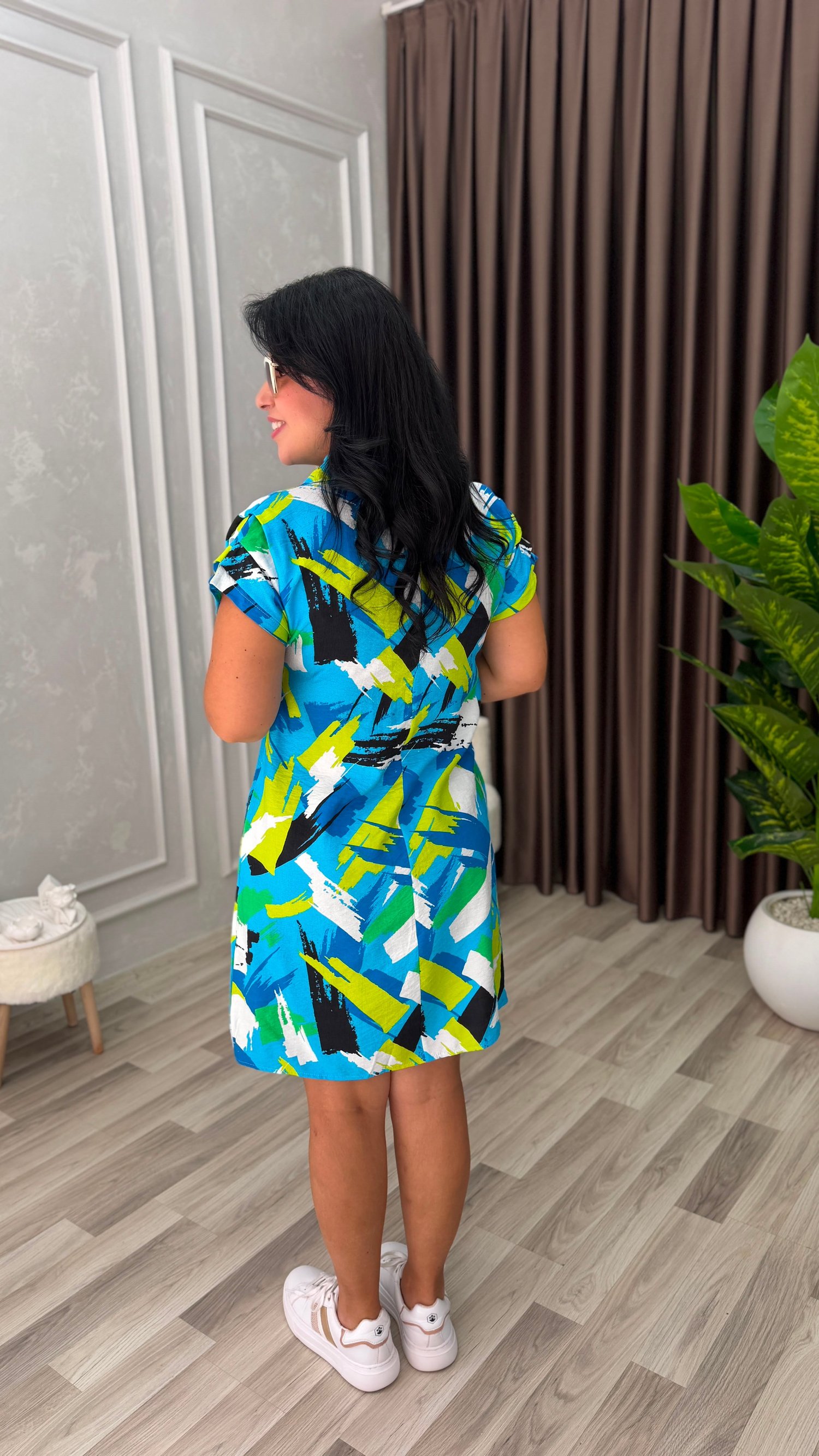 SUMMER BLOOM ELBİSE MAVİ ZEMİN FIRÇA DESEN