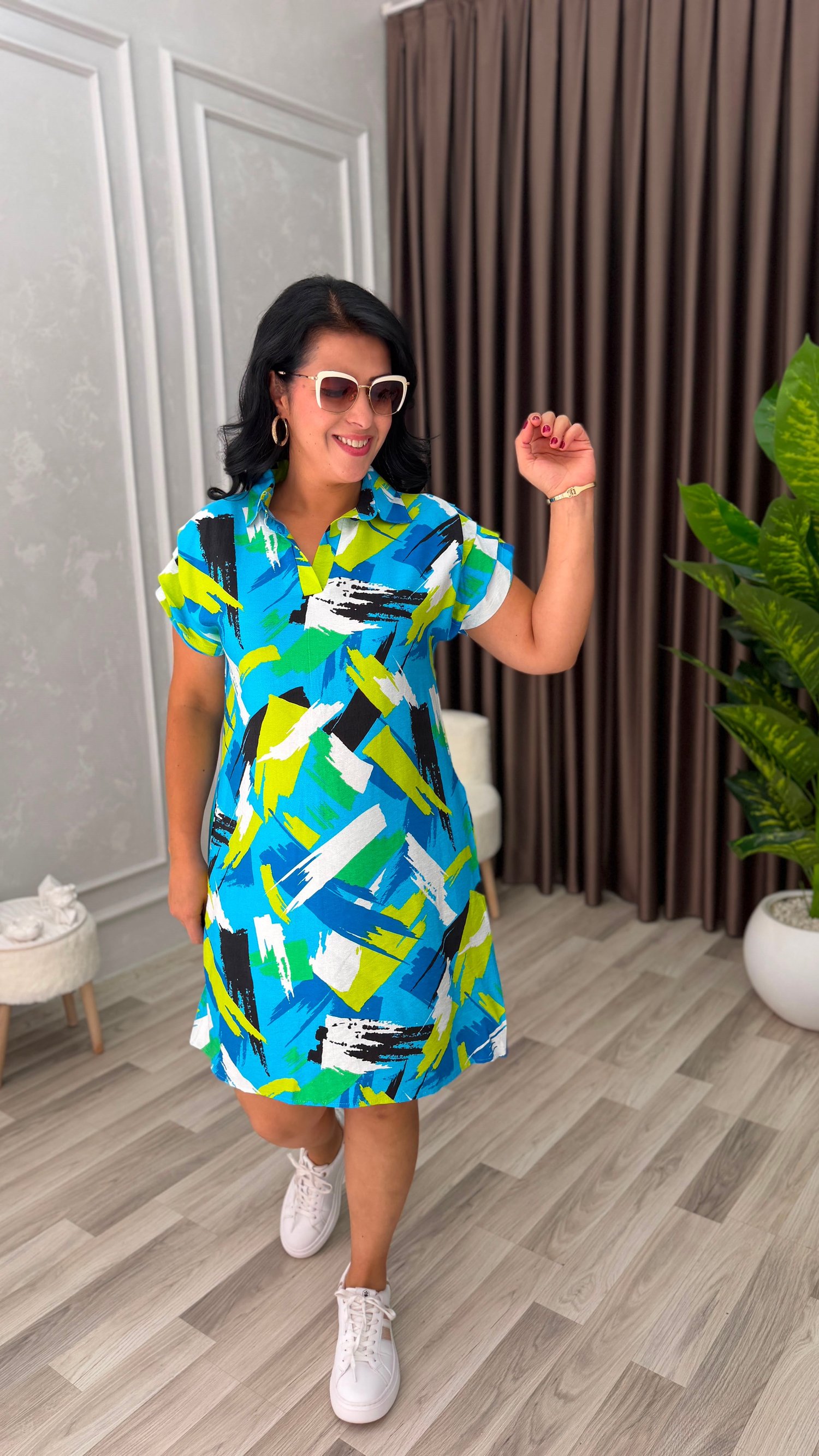 SUMMER BLOOM ELBİSE MAVİ ZEMİN FIRÇA DESEN