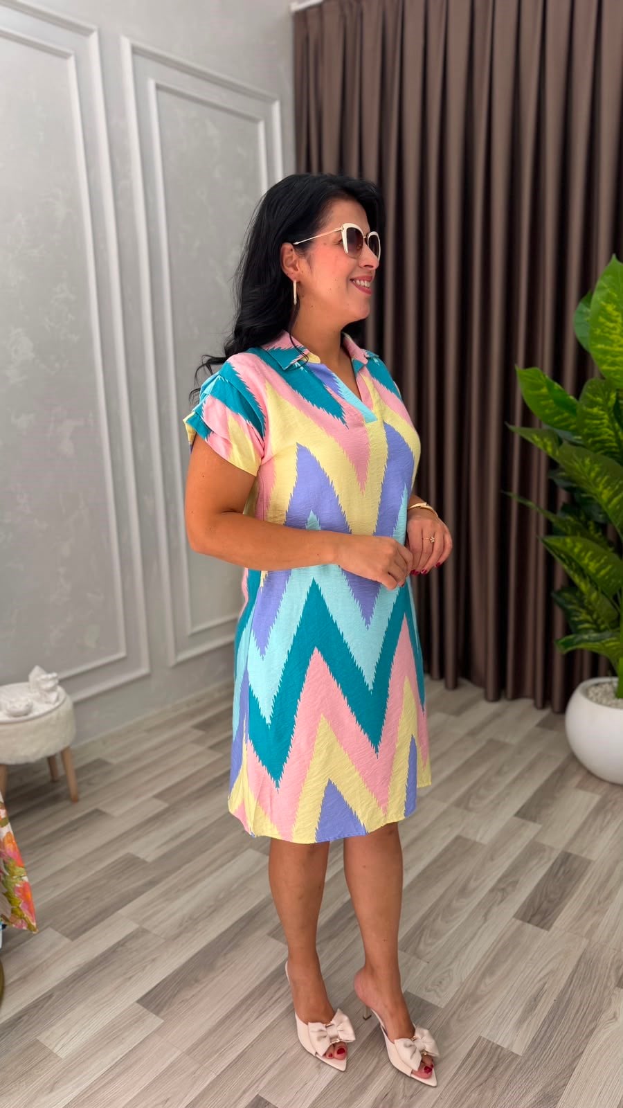 SUMMER BLOOM ELBİSE PUDRA MOR ZİGZAG DESEN
