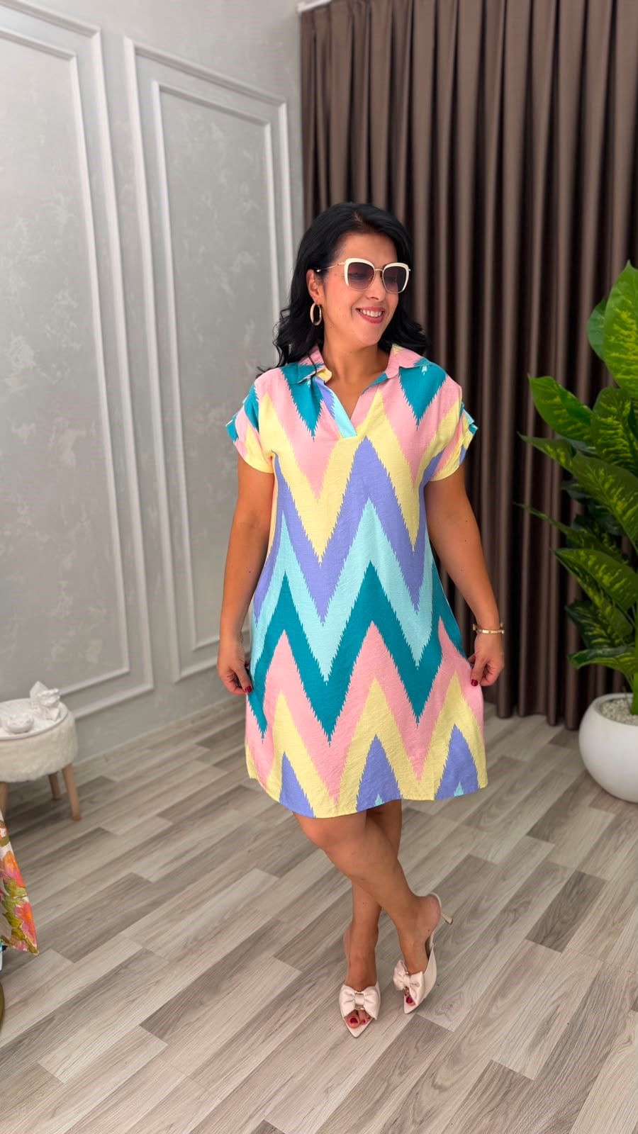 SUMMER BLOOM ELBİSE PUDRA MOR ZİGZAG DESEN