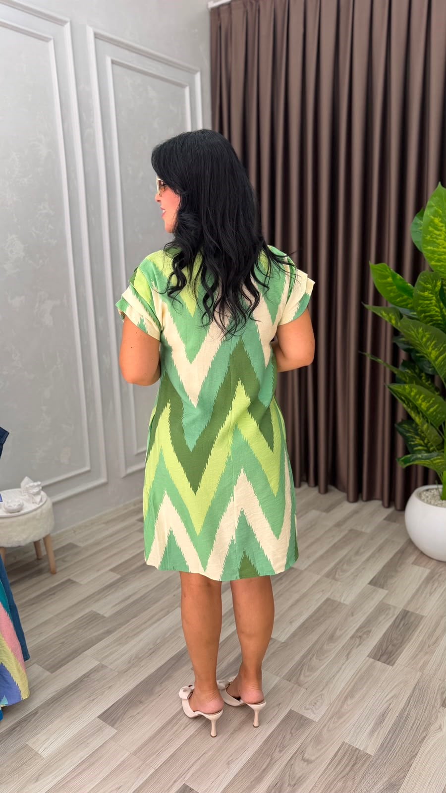 SUMMER BLOOM ELBİSE YEŞİL KREM ZİGZAG DESEN