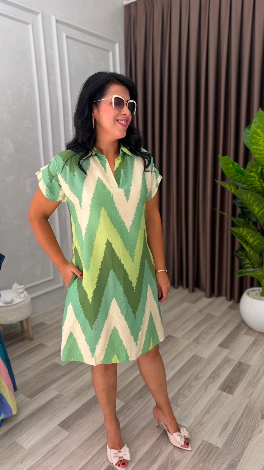 SUMMER BLOOM ELBİSE YEŞİL KREM ZİGZAG DESEN
