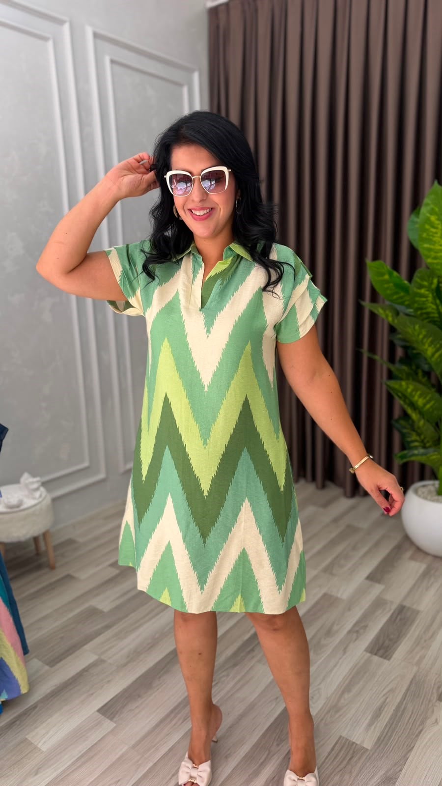 SUMMER BLOOM ELBİSE YEŞİL KREM ZİGZAG DESEN