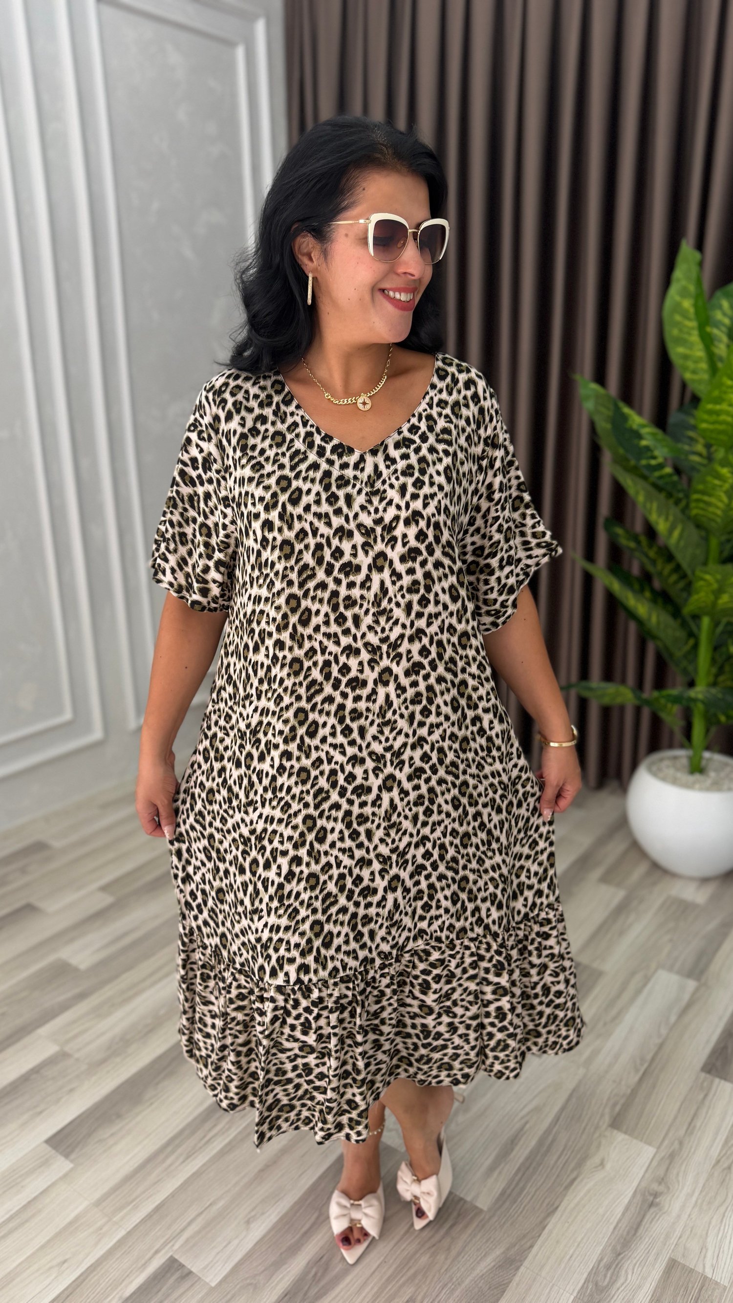TOSCANA PAMUK DOKUMA ELBİSE AÇIK LEOPAR DESEN
