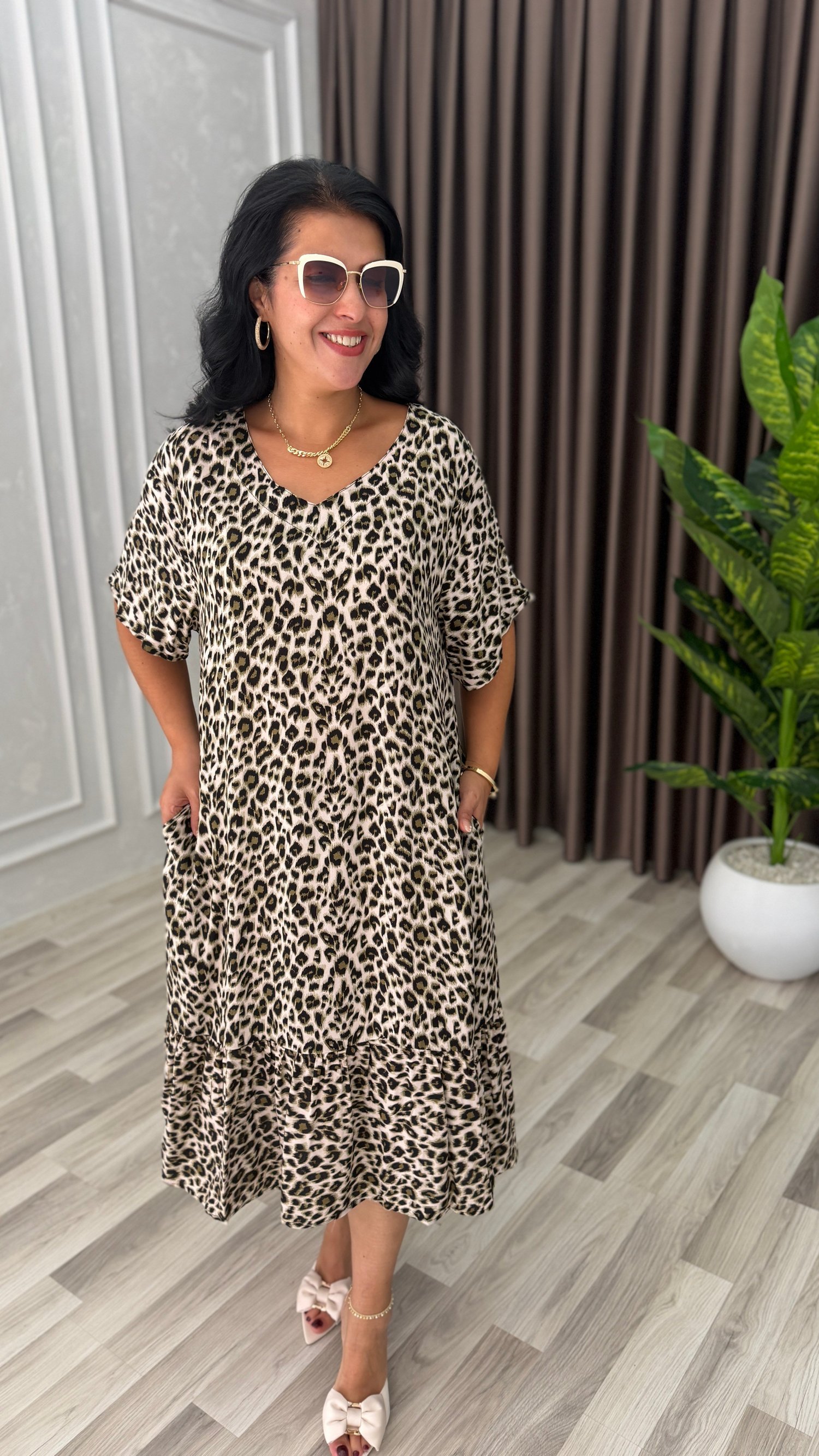 TOSCANA PAMUK DOKUMA ELBİSE AÇIK LEOPAR DESEN