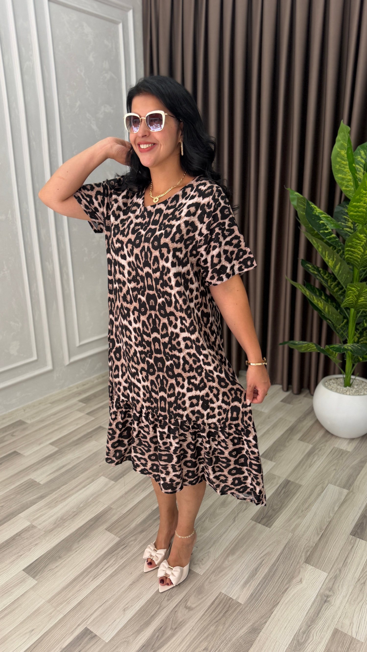 TOSCANA PAMUK DOKUMA ELBİSE KOYU LEOPAR DESEN