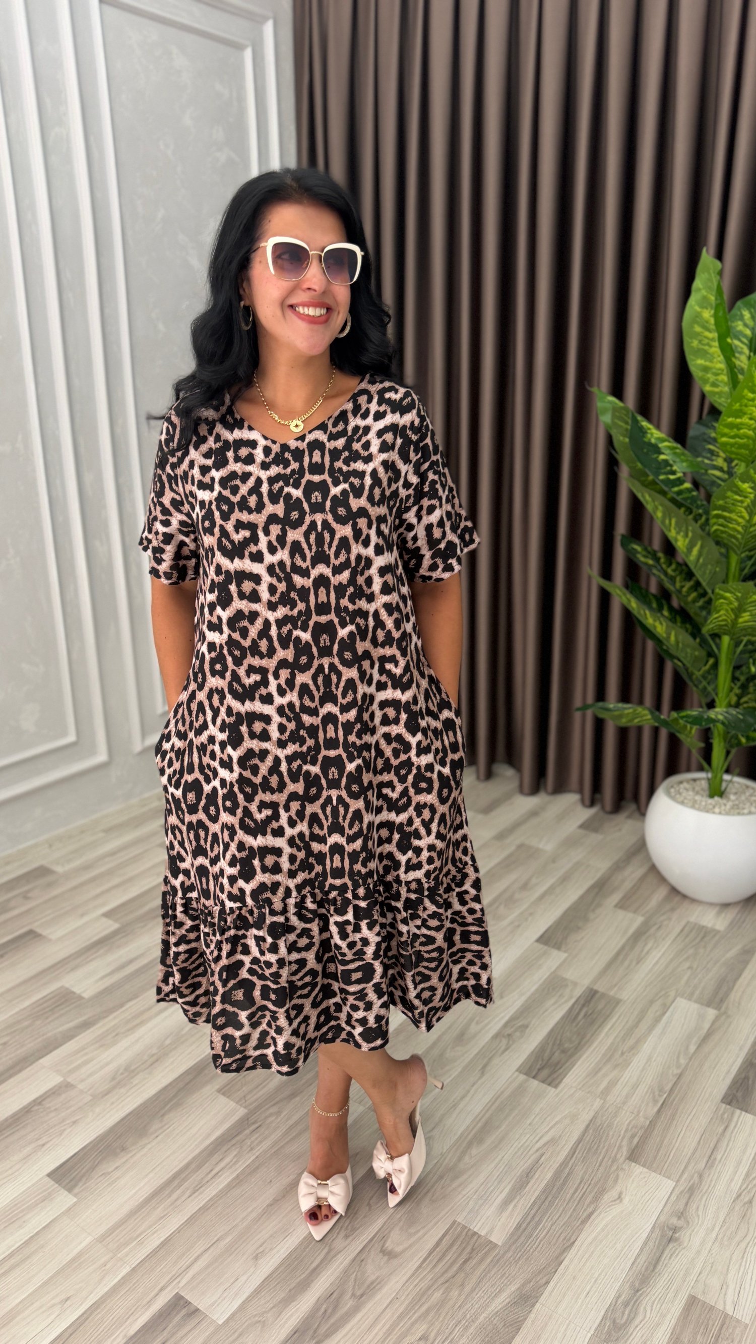 TOSCANA PAMUK DOKUMA ELBİSE KOYU LEOPAR DESEN