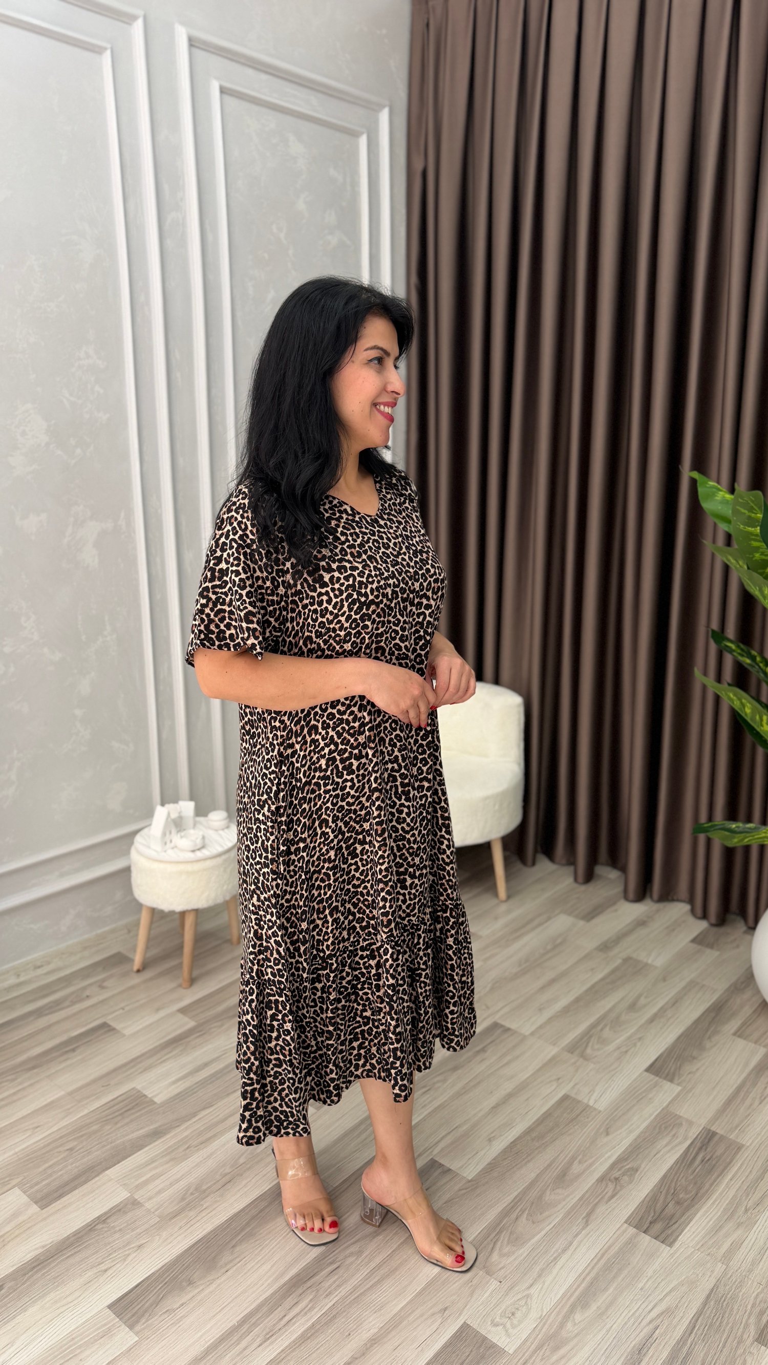TOSCANA PAMUK DOKUMA ELBİSE LEOPAR DESEN 