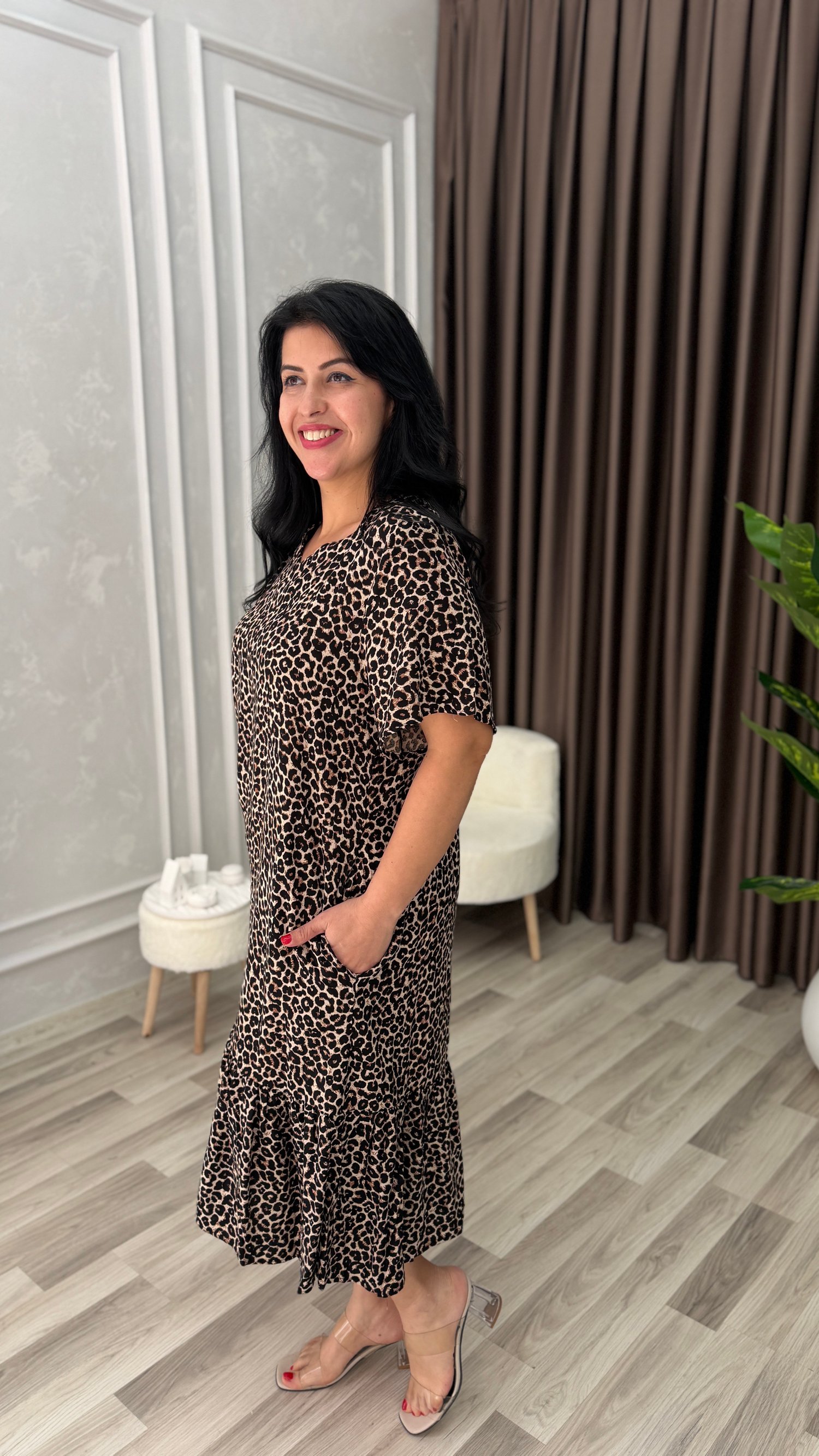 TOSCANA PAMUK DOKUMA ELBİSE LEOPAR DESEN 