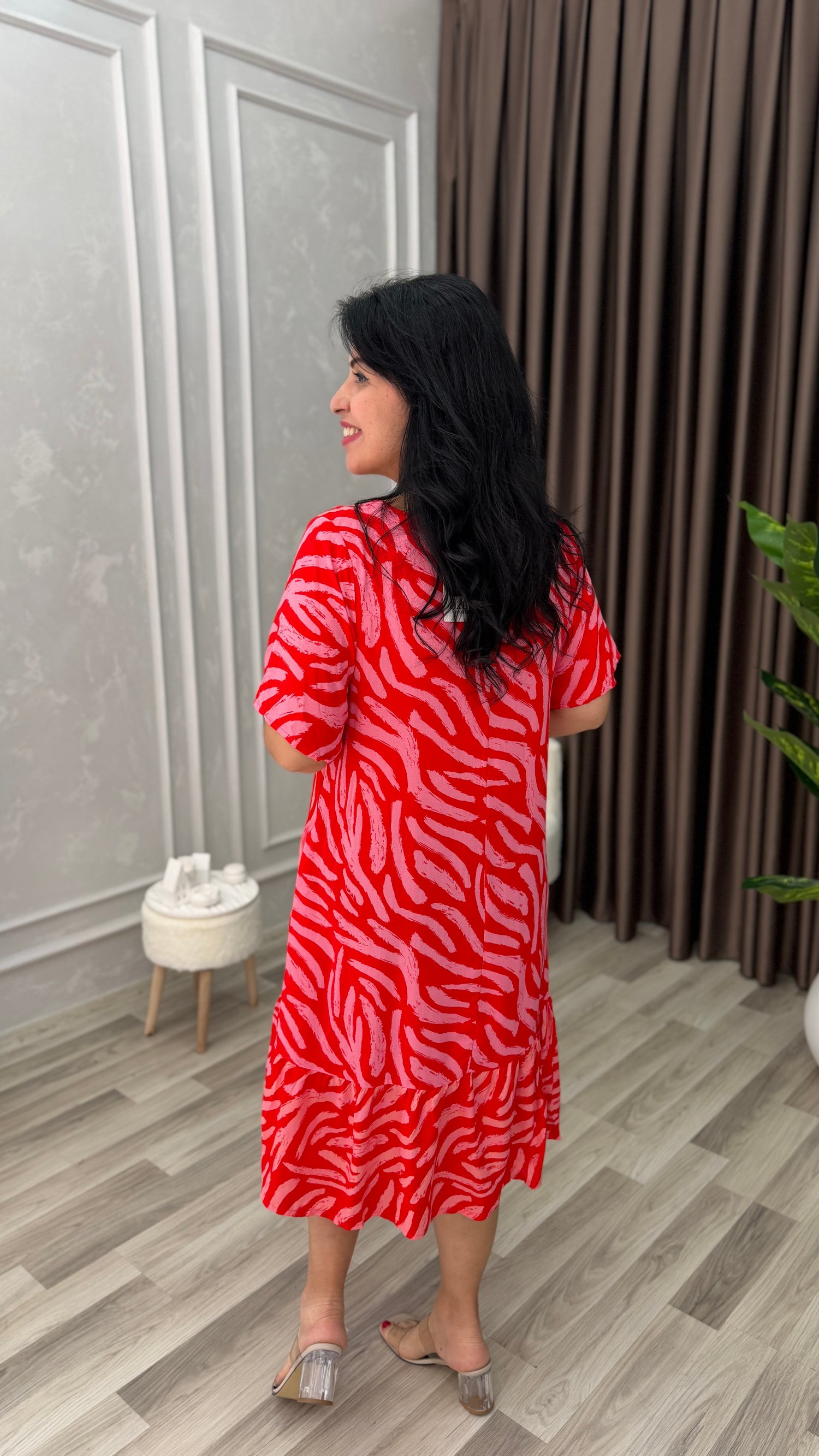 TOSCANA PAMUK DOKUMA ELBİSE NAR ÇİÇEĞİ ZEMİN ZEBRA DESEN