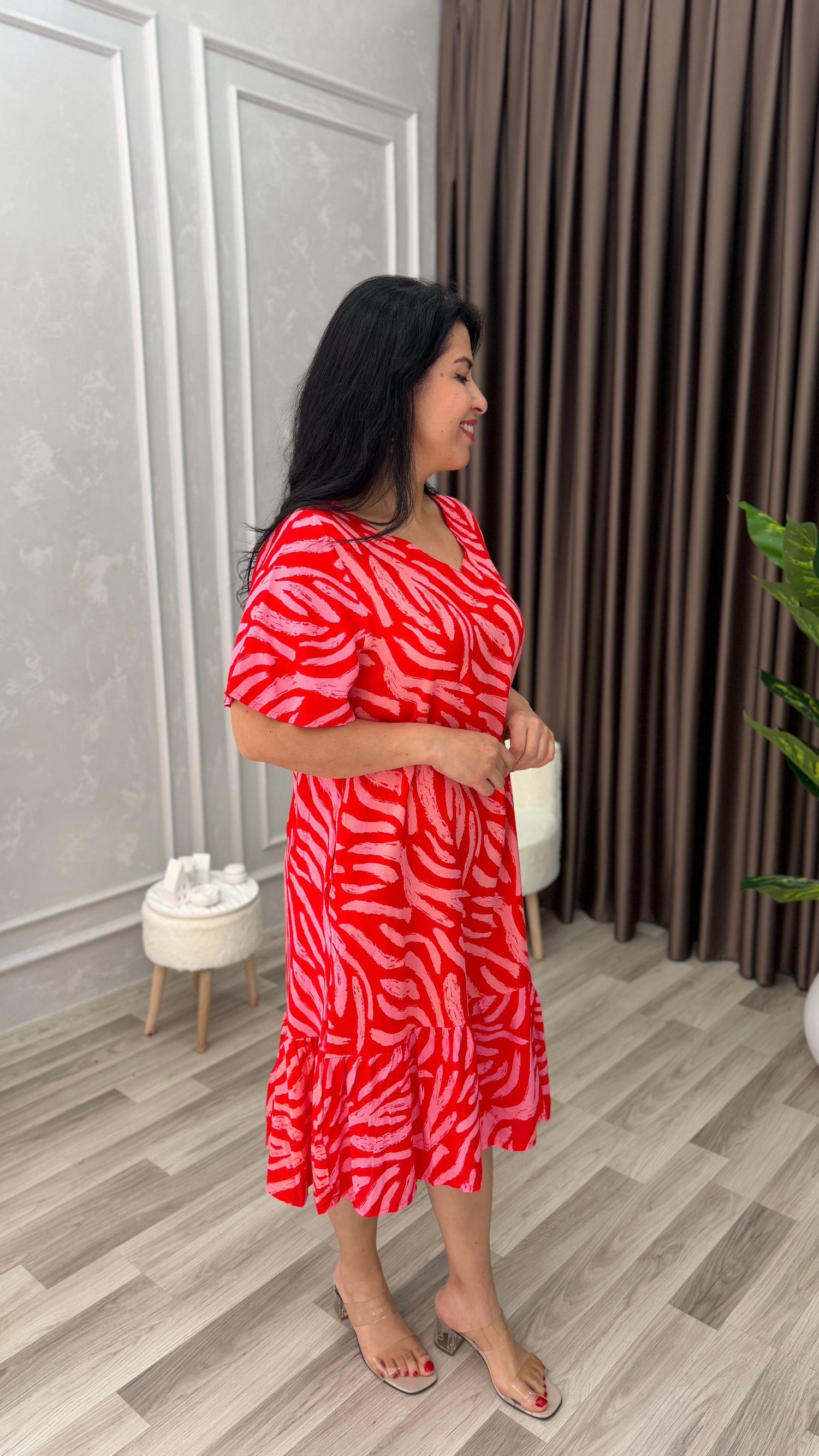 TOSCANA PAMUK DOKUMA ELBİSE NAR ÇİÇEĞİ ZEMİN ZEBRA DESEN