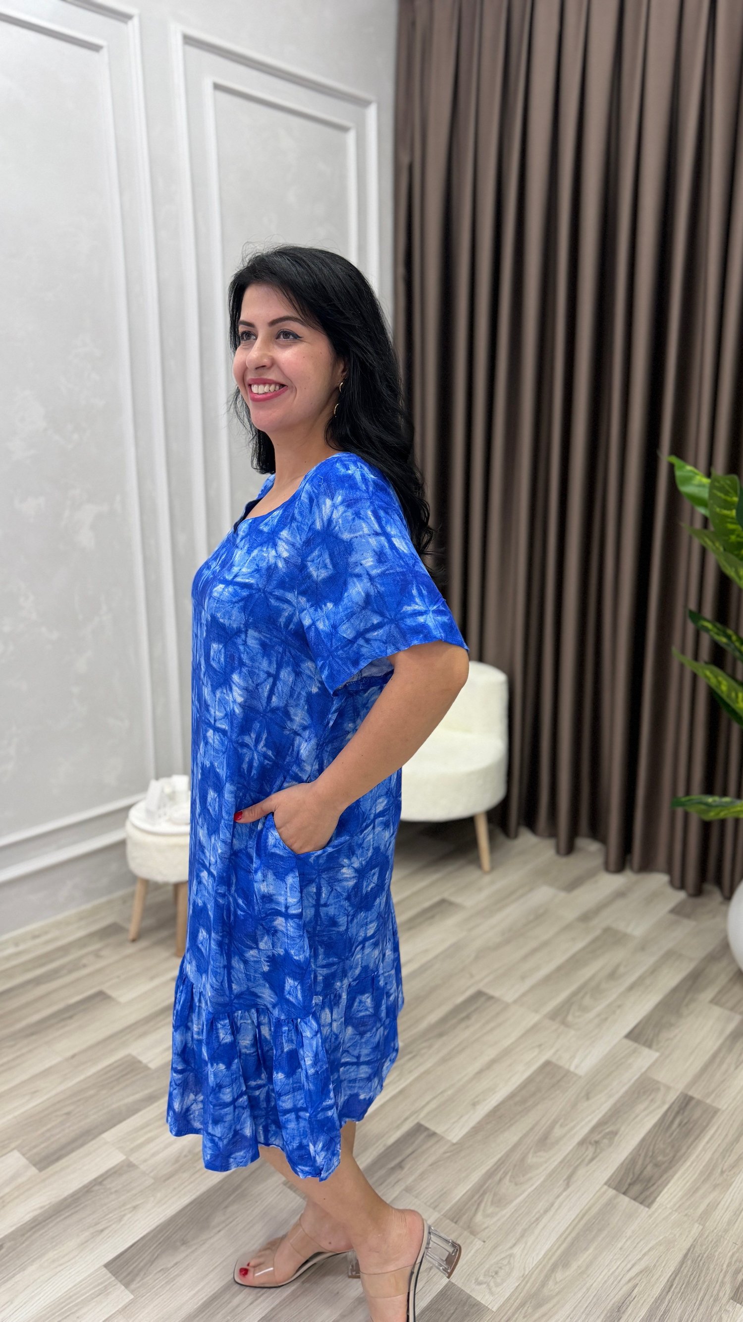 TOSCANA PAMUK DOKUMA ELBİSE SAKS MAVİ ZEMİN ETNİK DESEN 
