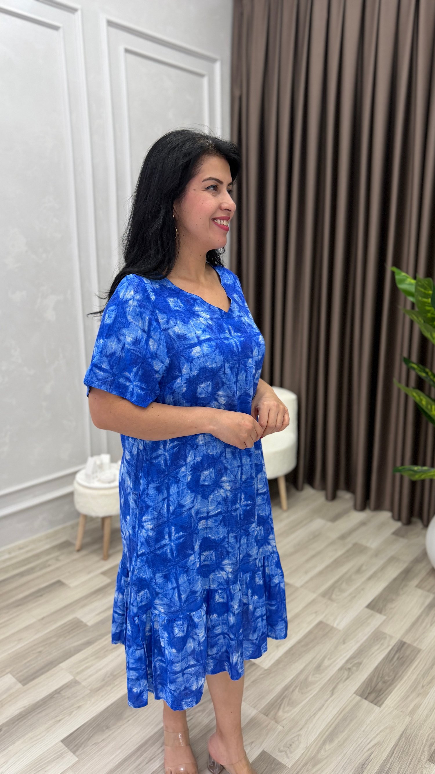 TOSCANA PAMUK DOKUMA ELBİSE SAKS MAVİ ZEMİN ETNİK DESEN 