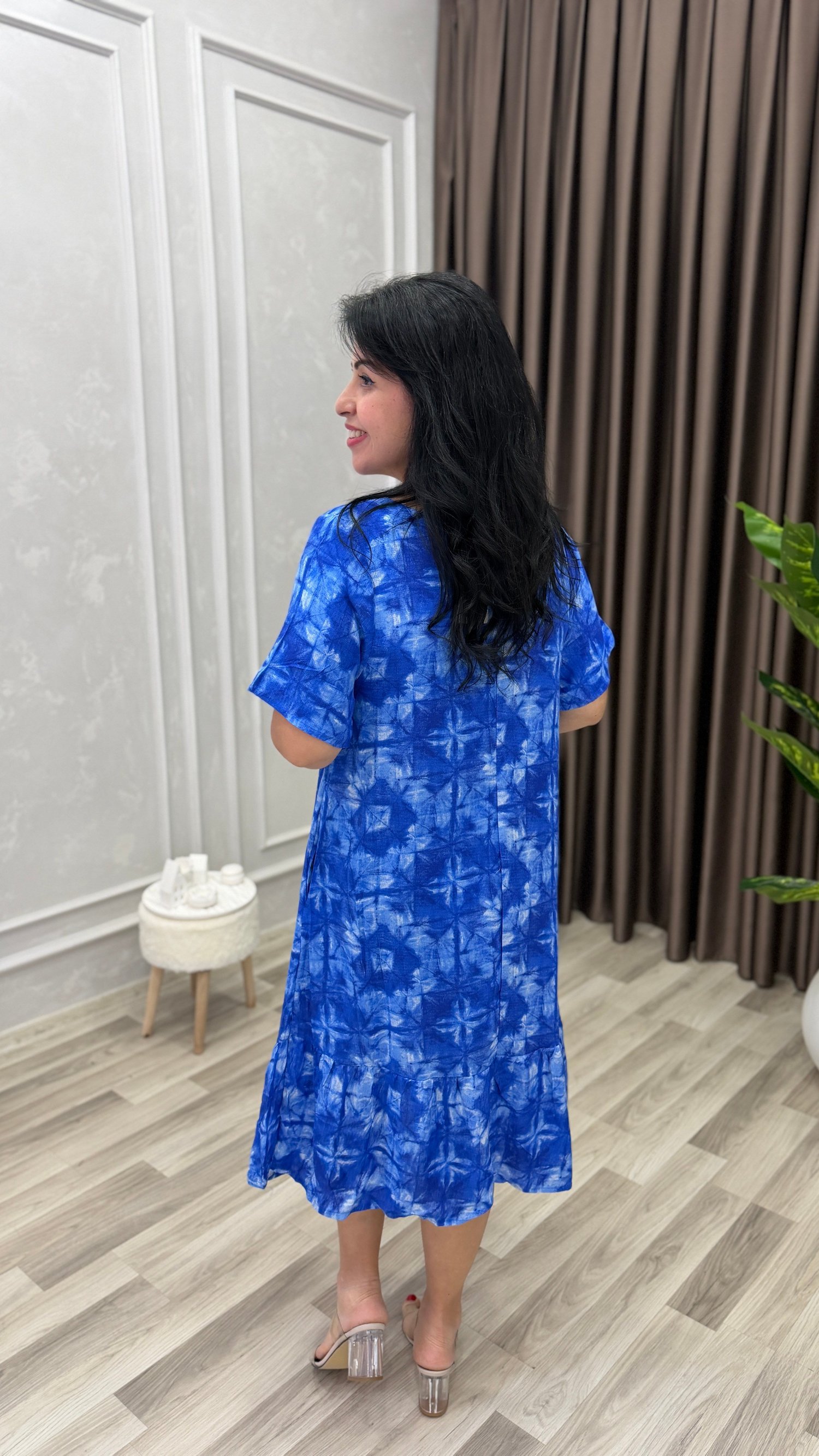 TOSCANA PAMUK DOKUMA ELBİSE SAKS MAVİ ZEMİN ETNİK DESEN 