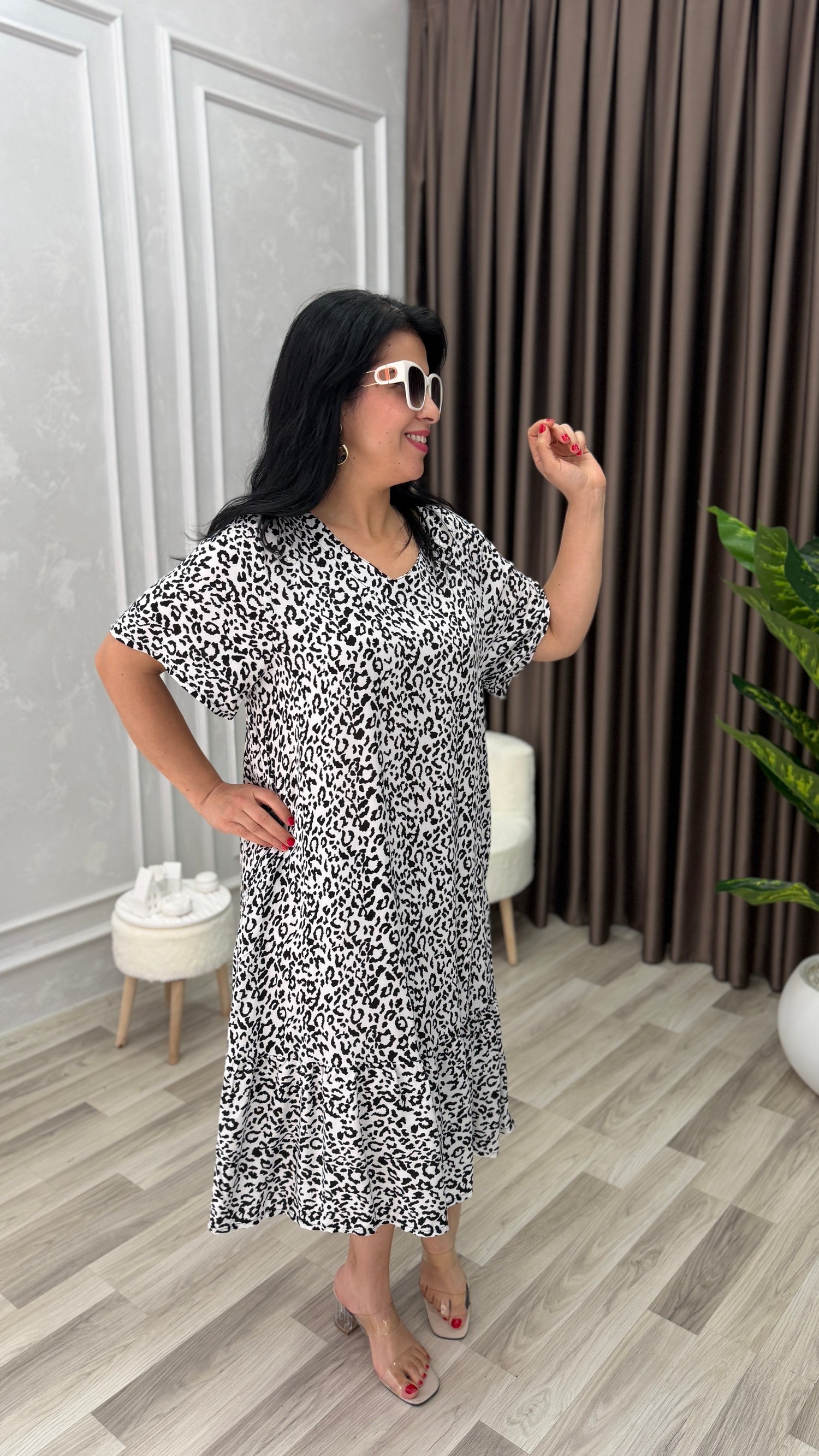 TOSCANA PAMUK DOKUMA ELBİSE SİYAH BEYAZ LEOPAR DESEN