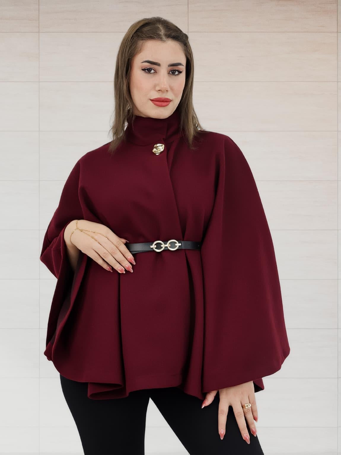 Kadın Kemer Aksesuarlı Panço Bordo