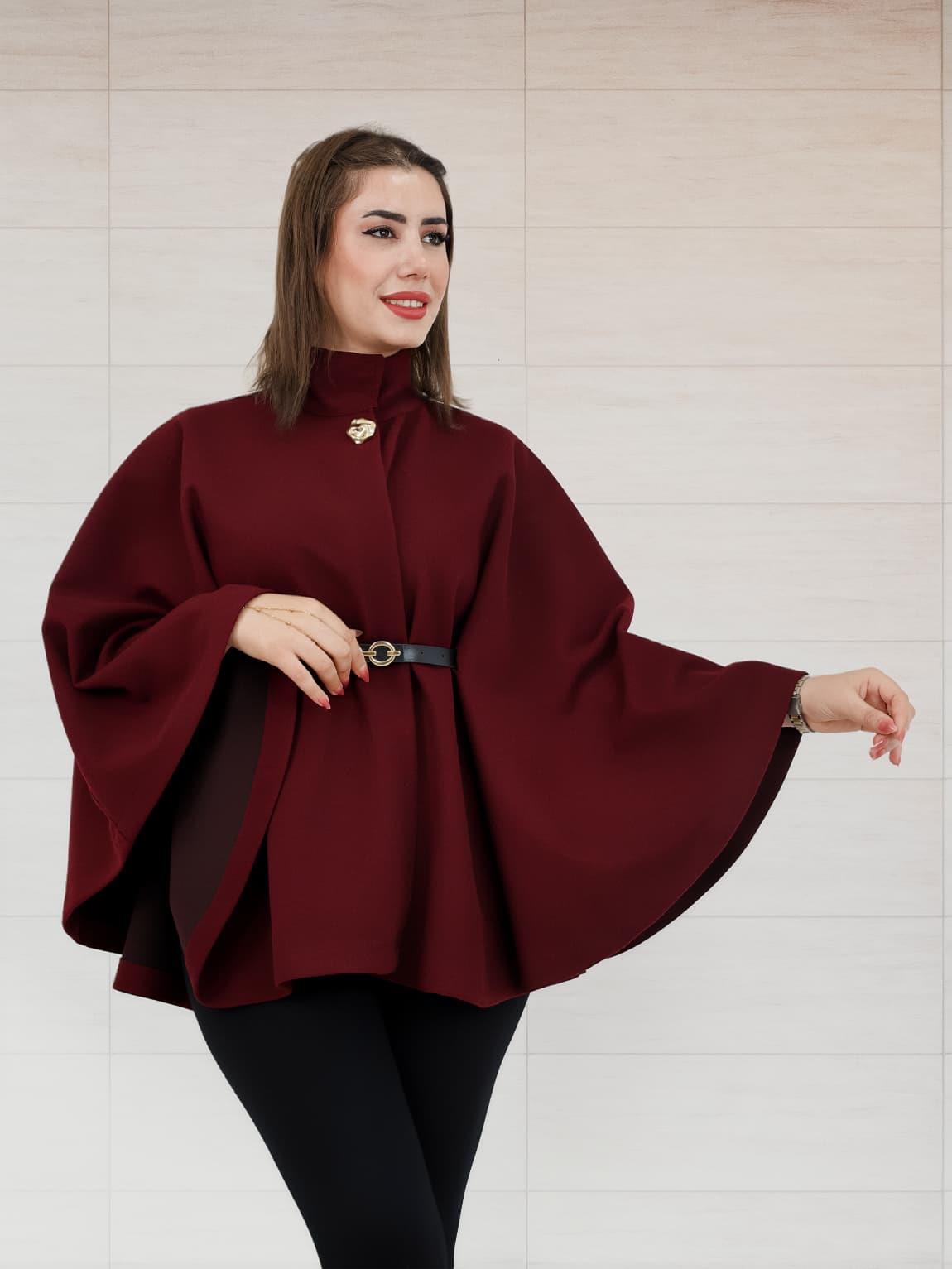Kadın Kemer Aksesuarlı Panço Bordo