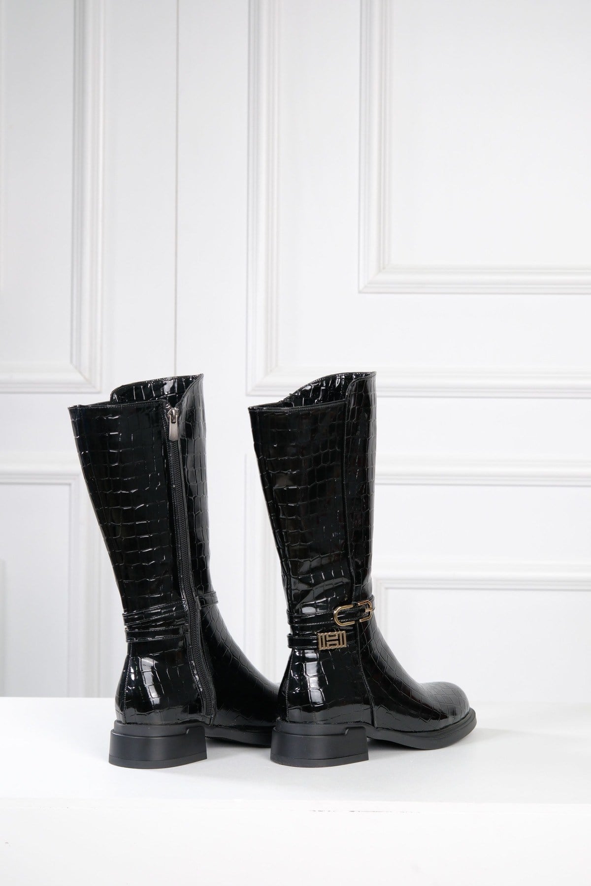 Kadın Krokodil Çizme Parlak Yandan Fermuarlı Altın Detaylı