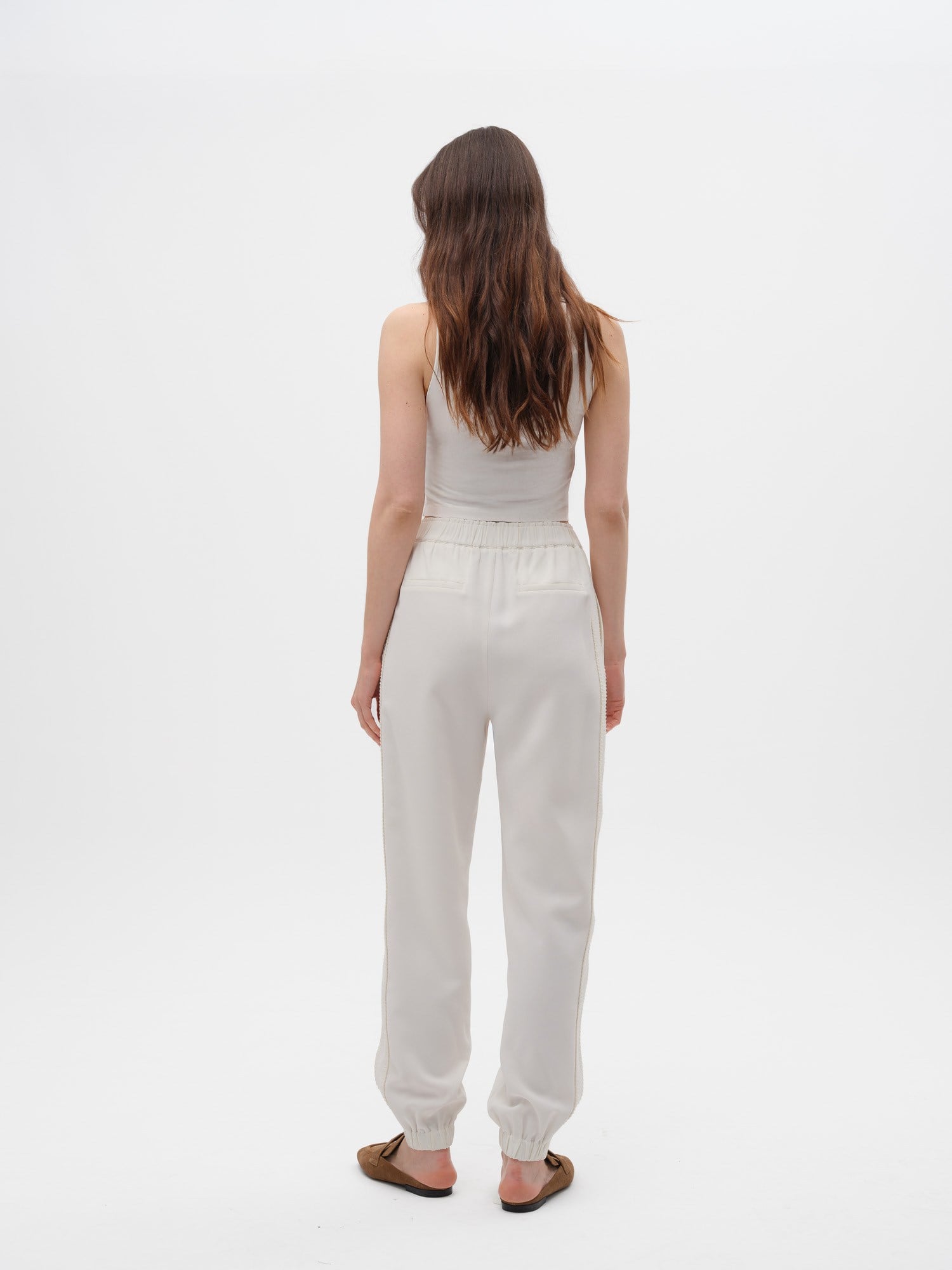 Piarbi %100 Geri Dönüştürülmüş Dokuma Pantolon - Off White Yan Dikiş Detaylı Jogger