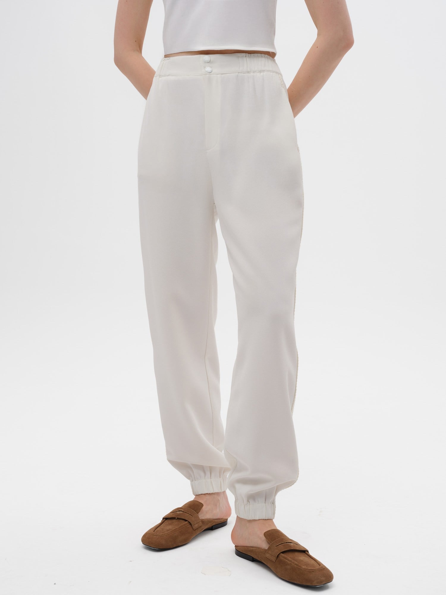 Piarbi %100 Geri Dönüştürülmüş Dokuma Pantolon - Off White Yan Dikiş Detaylı Jogger