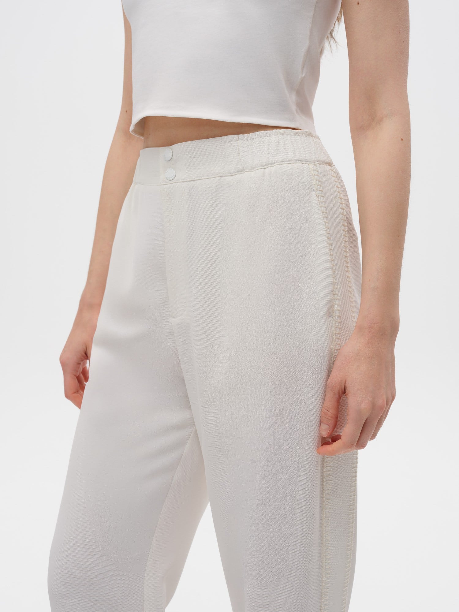 Piarbi %100 Geri Dönüştürülmüş Dokuma Pantolon - Off White Yan Dikiş Detaylı Jogger