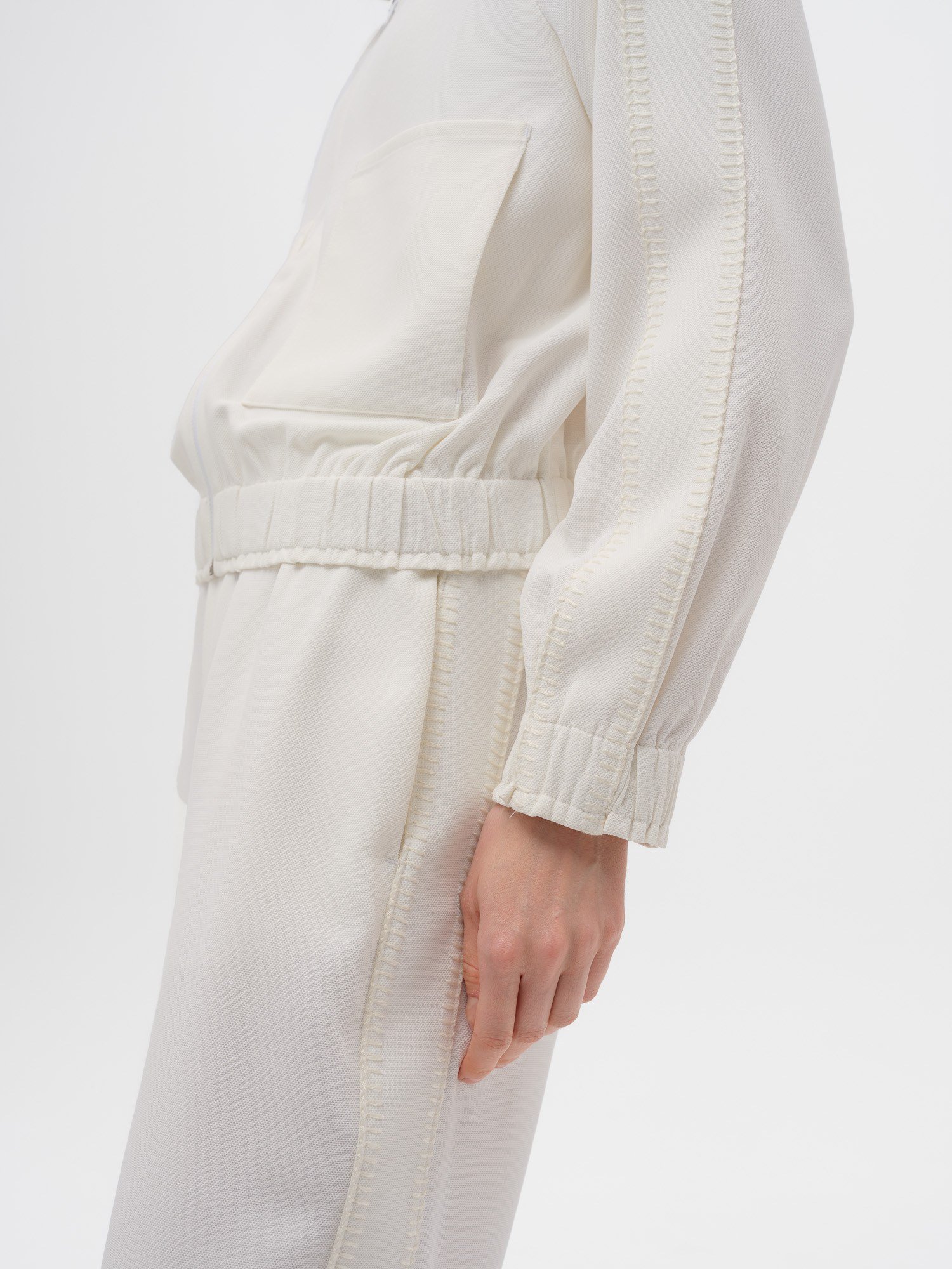 Piarbi %100 Geri Dönüştürülmüş Dokuma Sweatshirt - Off White Fermuarlı ve Mimari Dikiş Detaylı