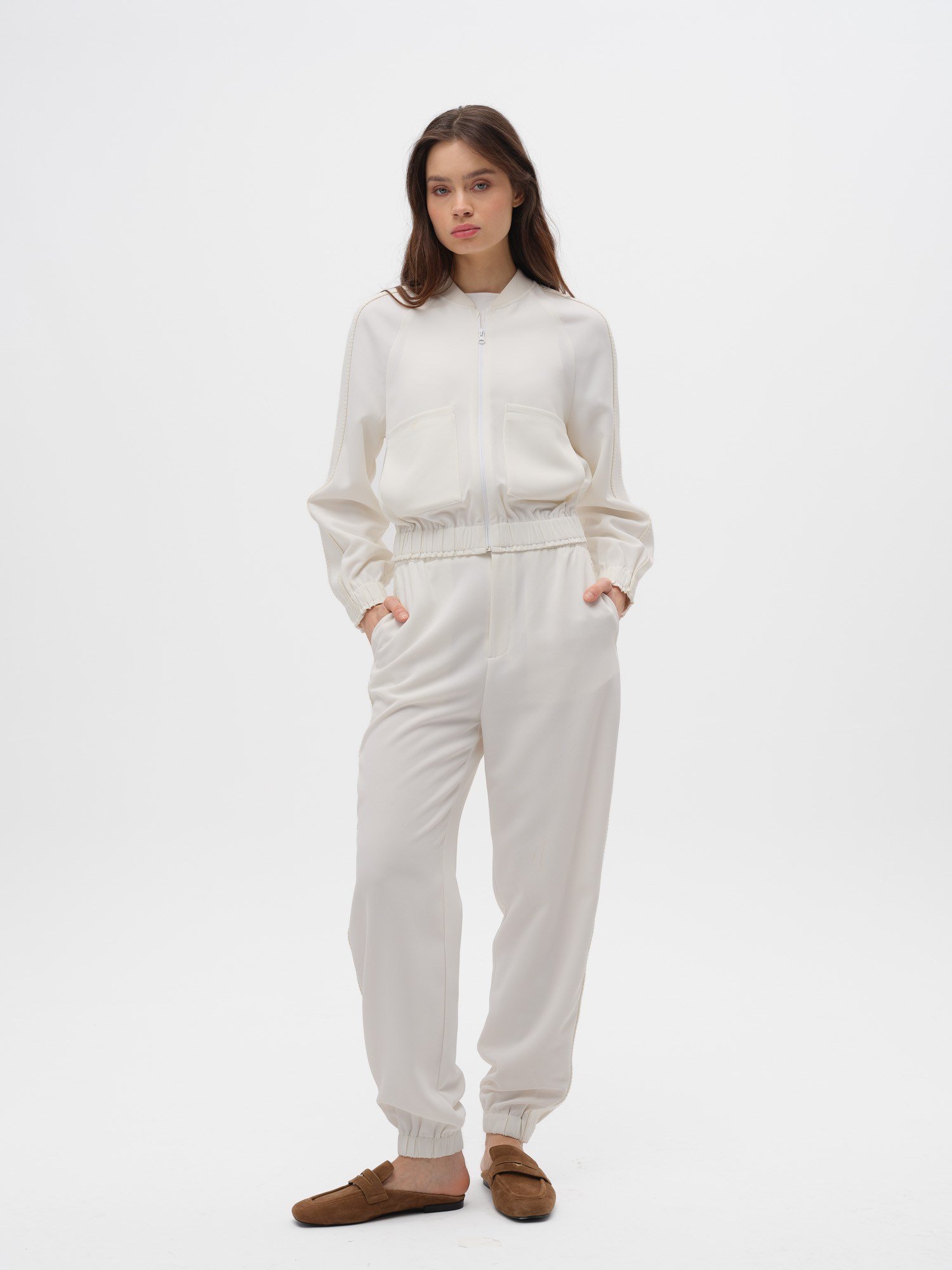 Piarbi %100 Geri Dönüştürülmüş Dokuma Sweatshirt - Off White Fermuarlı ve Mimari Dikiş Detaylı