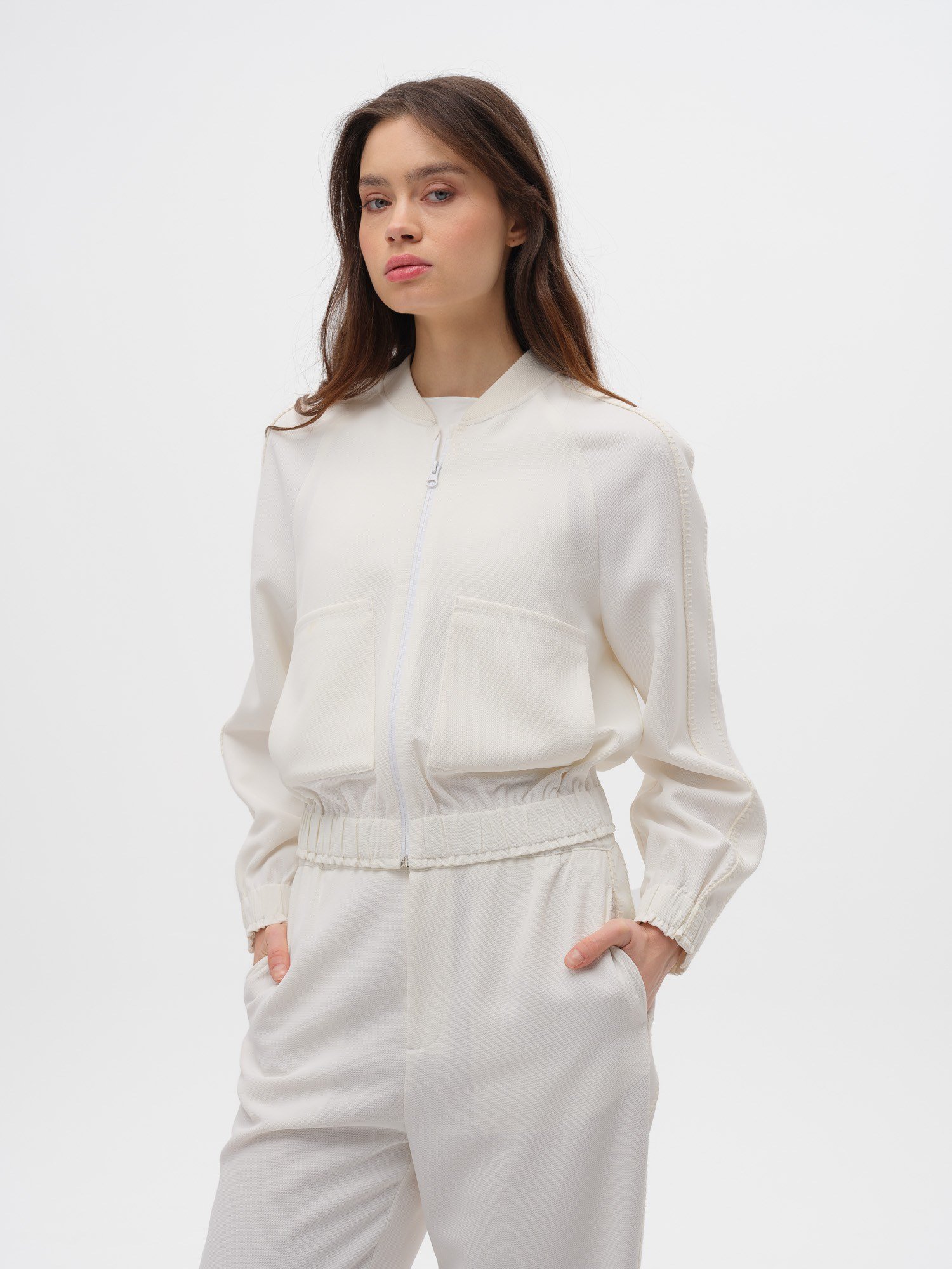 Piarbi %100 Geri Dönüştürülmüş Dokuma Sweatshirt - Off White Fermuarlı ve Mimari Dikiş Detaylı