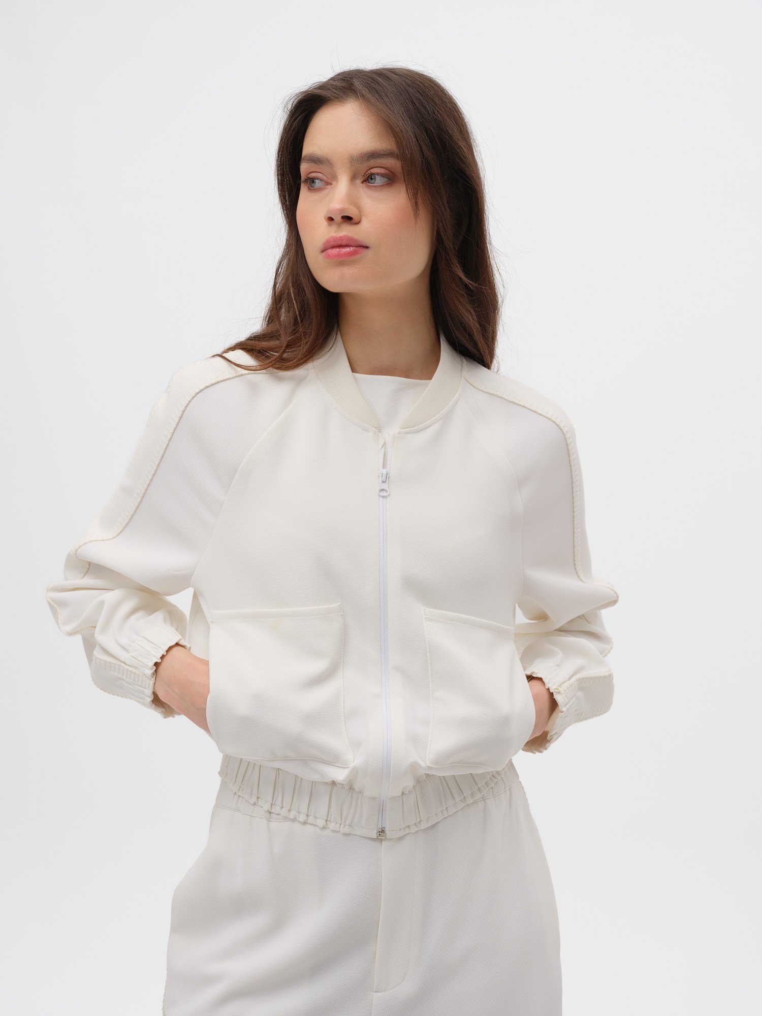 Piarbi %100 Geri Dönüştürülmüş Dokuma Sweatshirt - Off White Fermuarlı ve Mimari Dikiş Detaylı