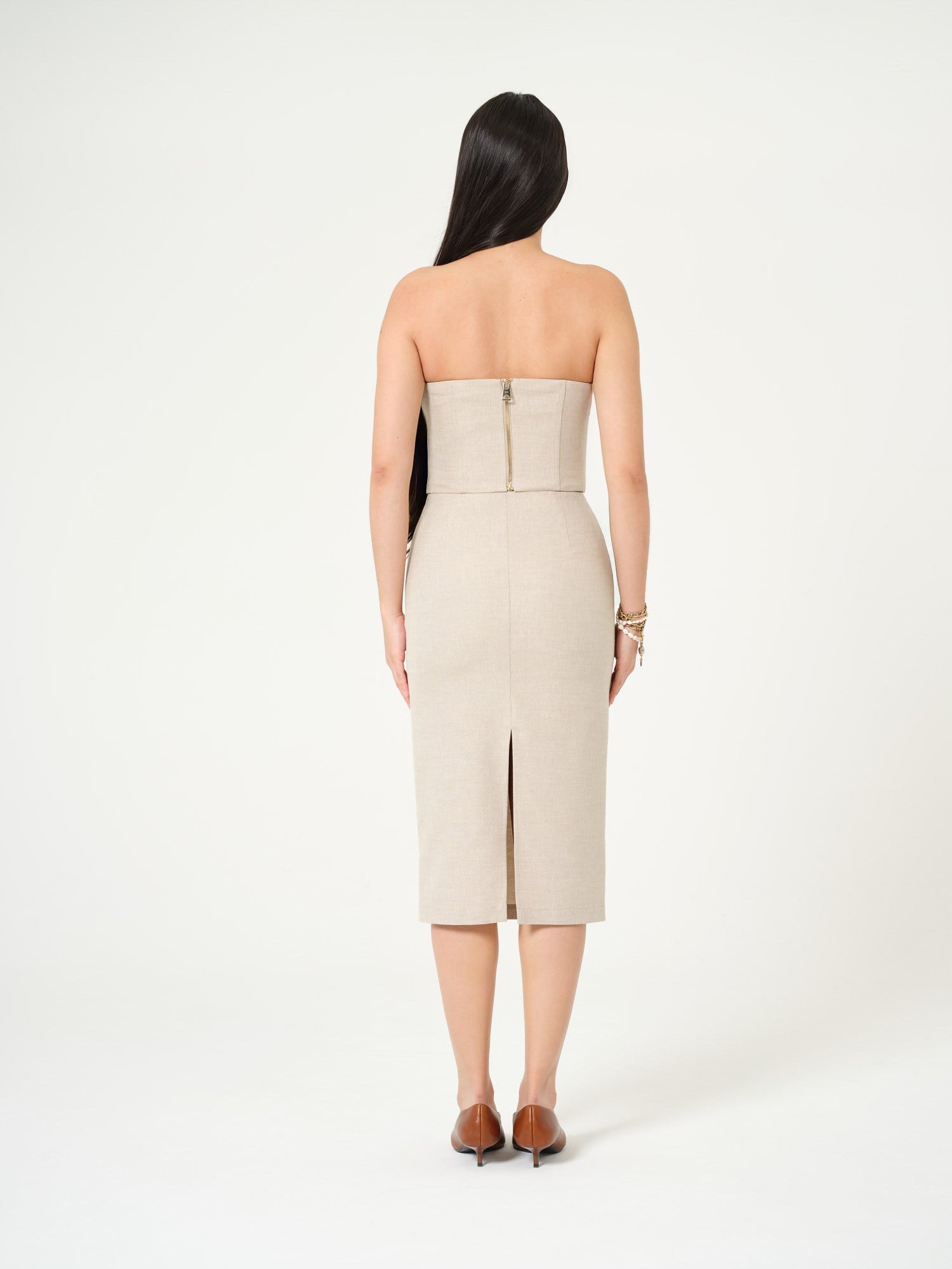 Piarbi Açık Yırtmaçlı Kalem Etek - Bej Keten Karışımlı Open Slit Pencil Skirt
