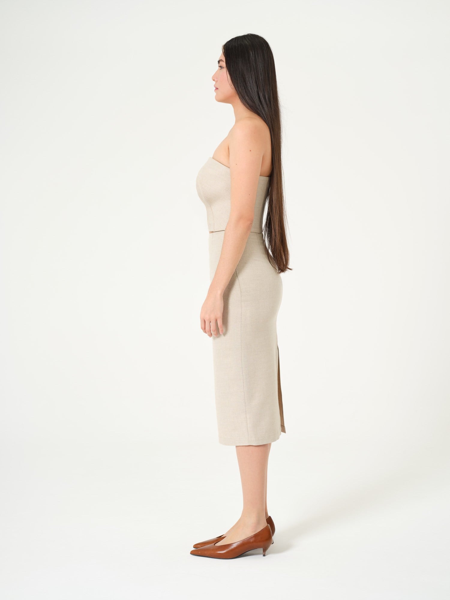 Piarbi Açık Yırtmaçlı Kalem Etek - Bej Keten Karışımlı Open Slit Pencil Skirt