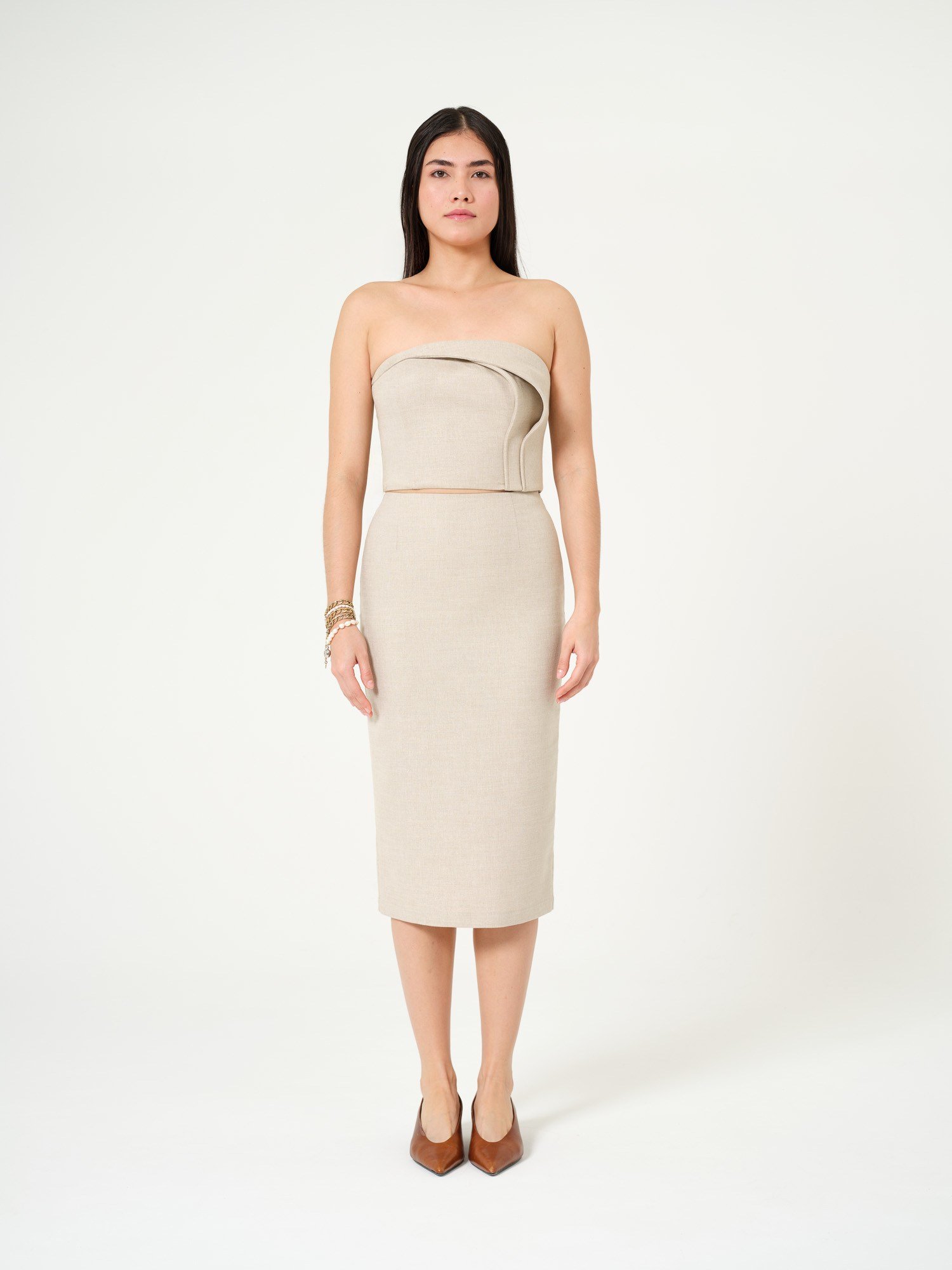 Piarbi Açık Yırtmaçlı Kalem Etek - Bej Keten Karışımlı Open Slit Pencil Skirt
