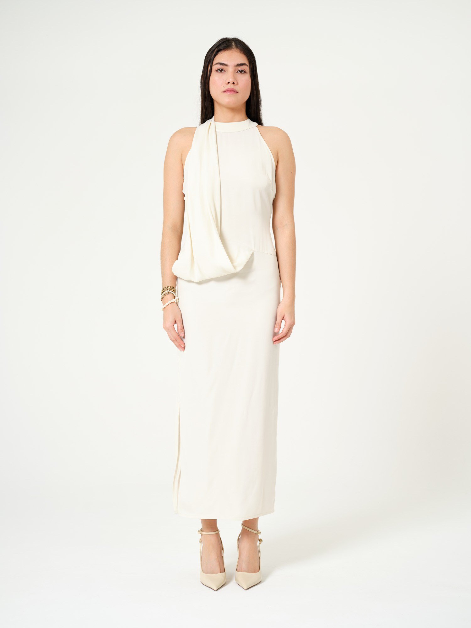 Piarbi Akışkan Ekru Gala Elbisesi - %100 Viskon Premium Flowy Elegant Evening Dress