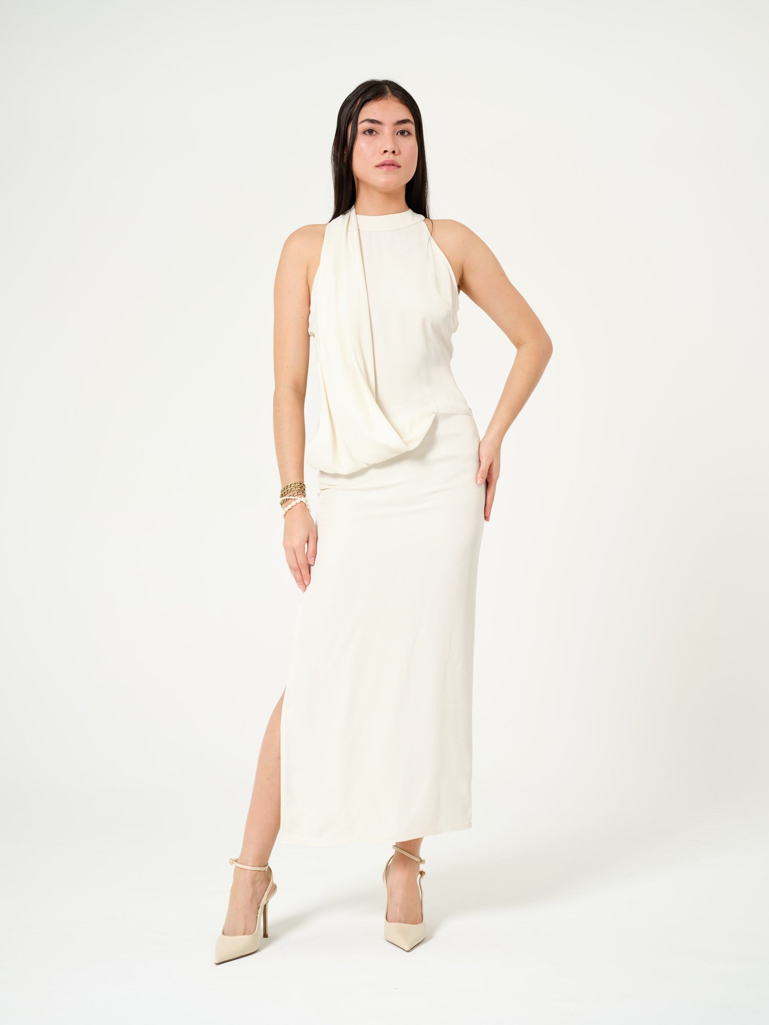 Piarbi Akışkan Ekru Gala Elbisesi - %100 Viskon Premium Flowy Elegant Evening Dress