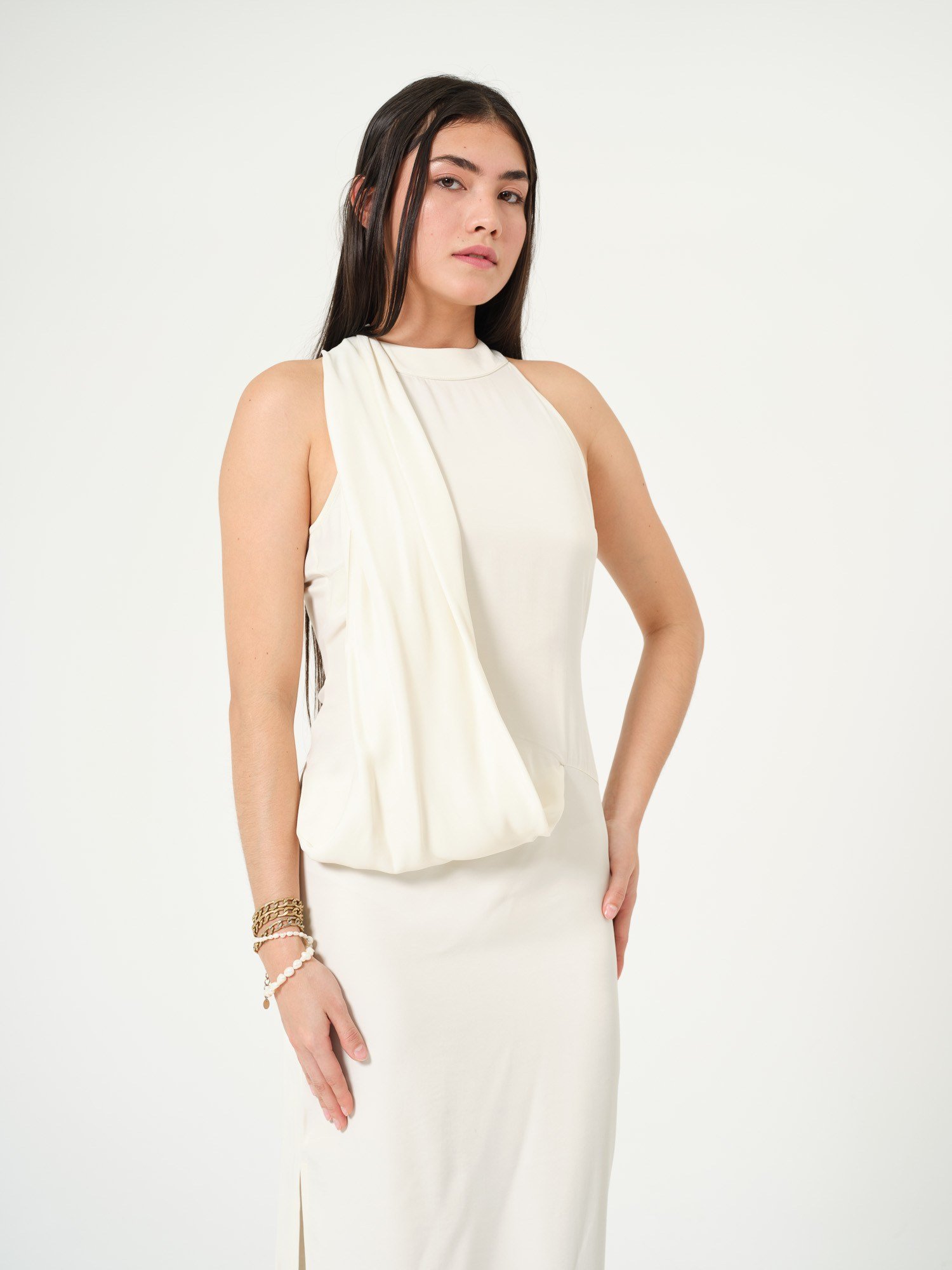 Piarbi Akışkan Ekru Gala Elbisesi - %100 Viskon Premium Flowy Elegant Evening Dress