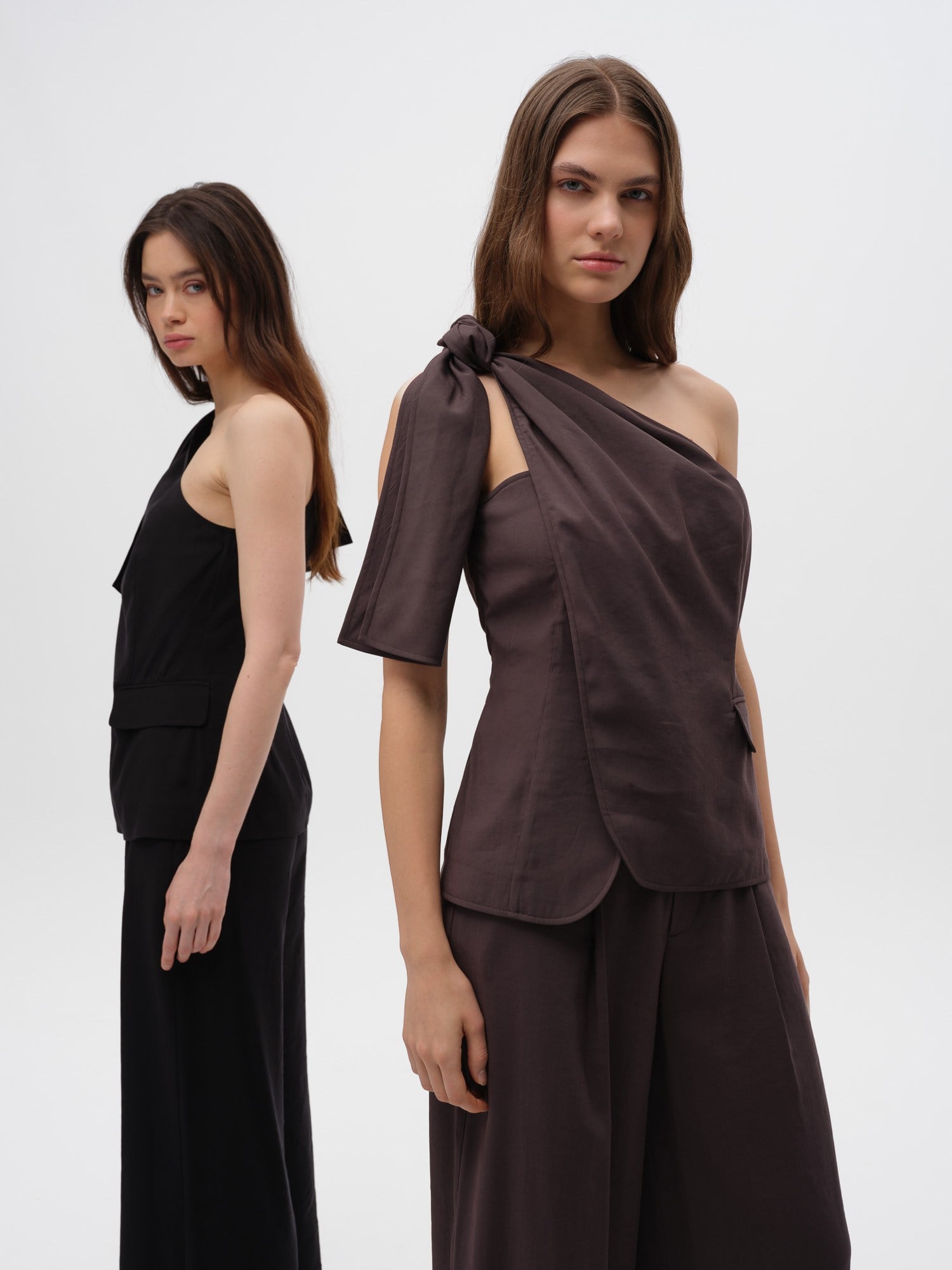 Piarbi Asimetrik Bağlamalı Yelek Bluz - Kahve ve Siyah Premium Mikro Modal Akışkan Tasarım Vest Blouse