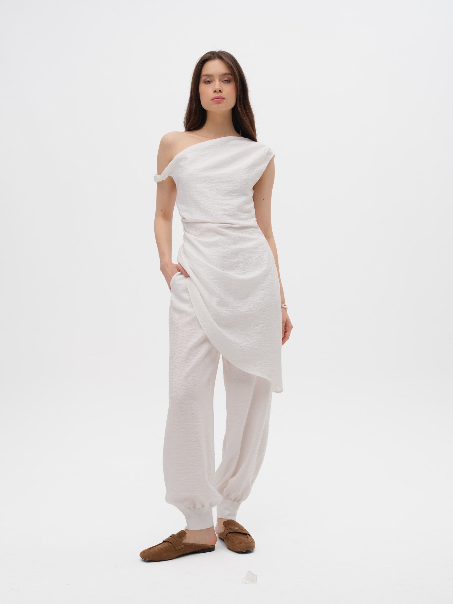 Piarbi Asimetrik Drapeli Uzun Bluz - Ekru Premium Viskon Karışımlı Akışkan Tasarım Long Blouse