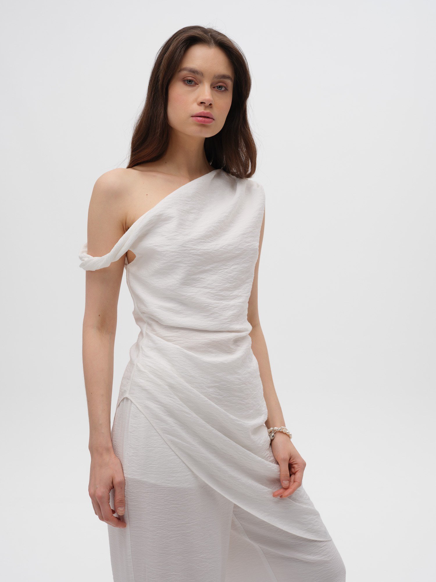Piarbi Asimetrik Drapeli Uzun Bluz - Ekru Premium Viskon Karışımlı Akışkan Tasarım Long Blouse