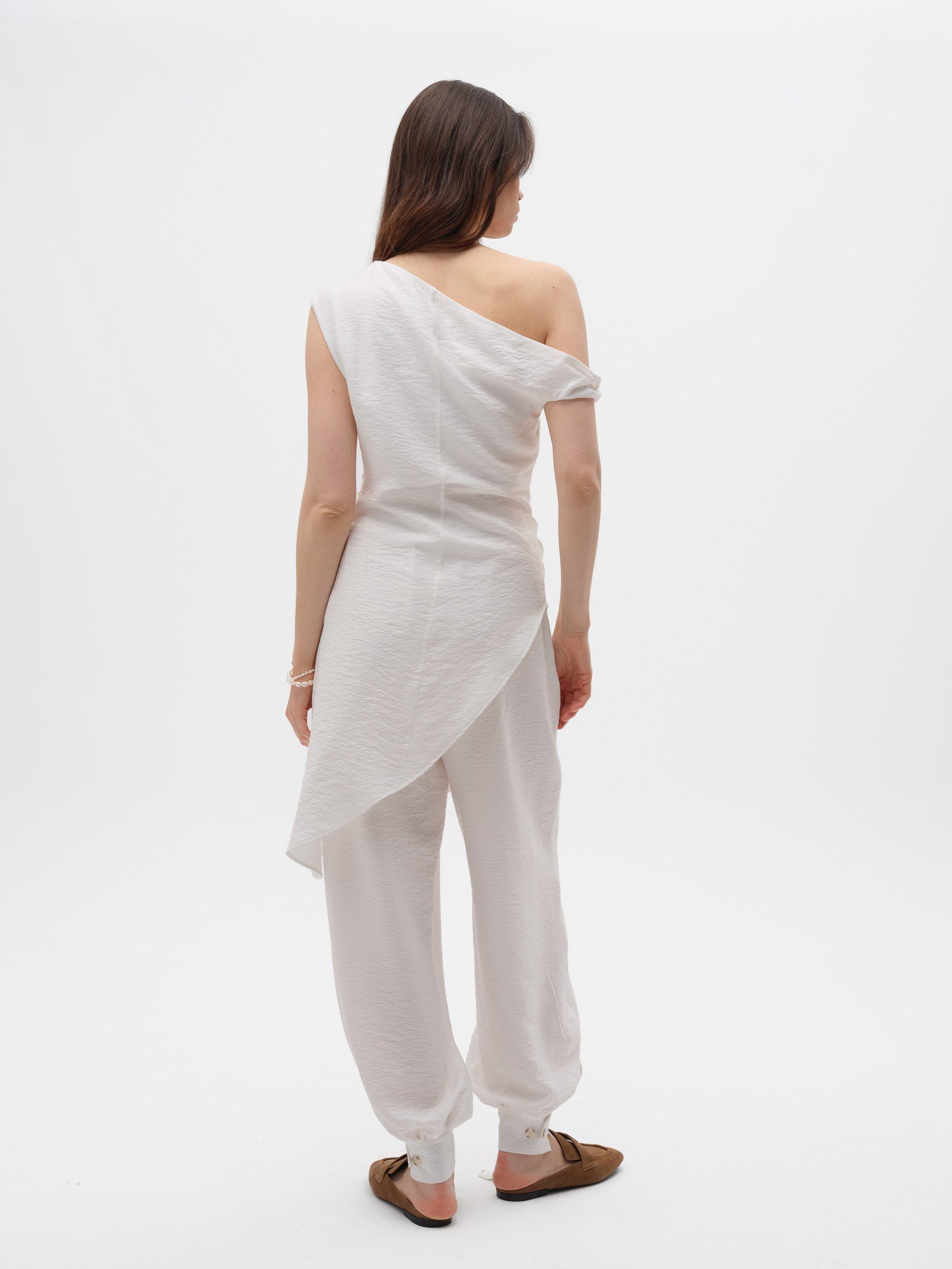 Piarbi Asimetrik Drapeli Uzun Bluz - Ekru Premium Viskon Karışımlı Akışkan Tasarım Long Blouse