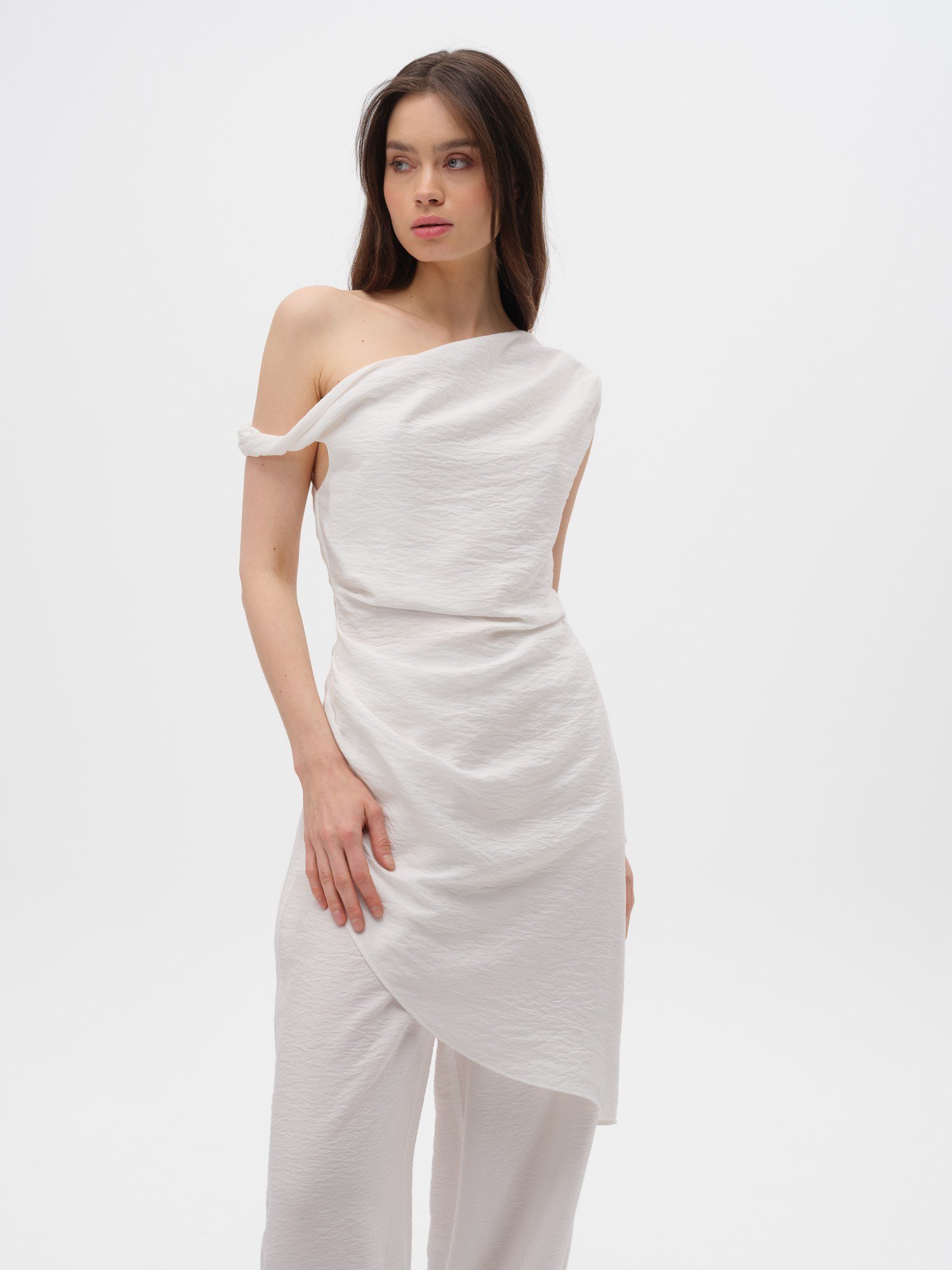 Piarbi Asimetrik Drapeli Uzun Bluz - Ekru Premium Viskon Karışımlı Akışkan Tasarım Long Blouse