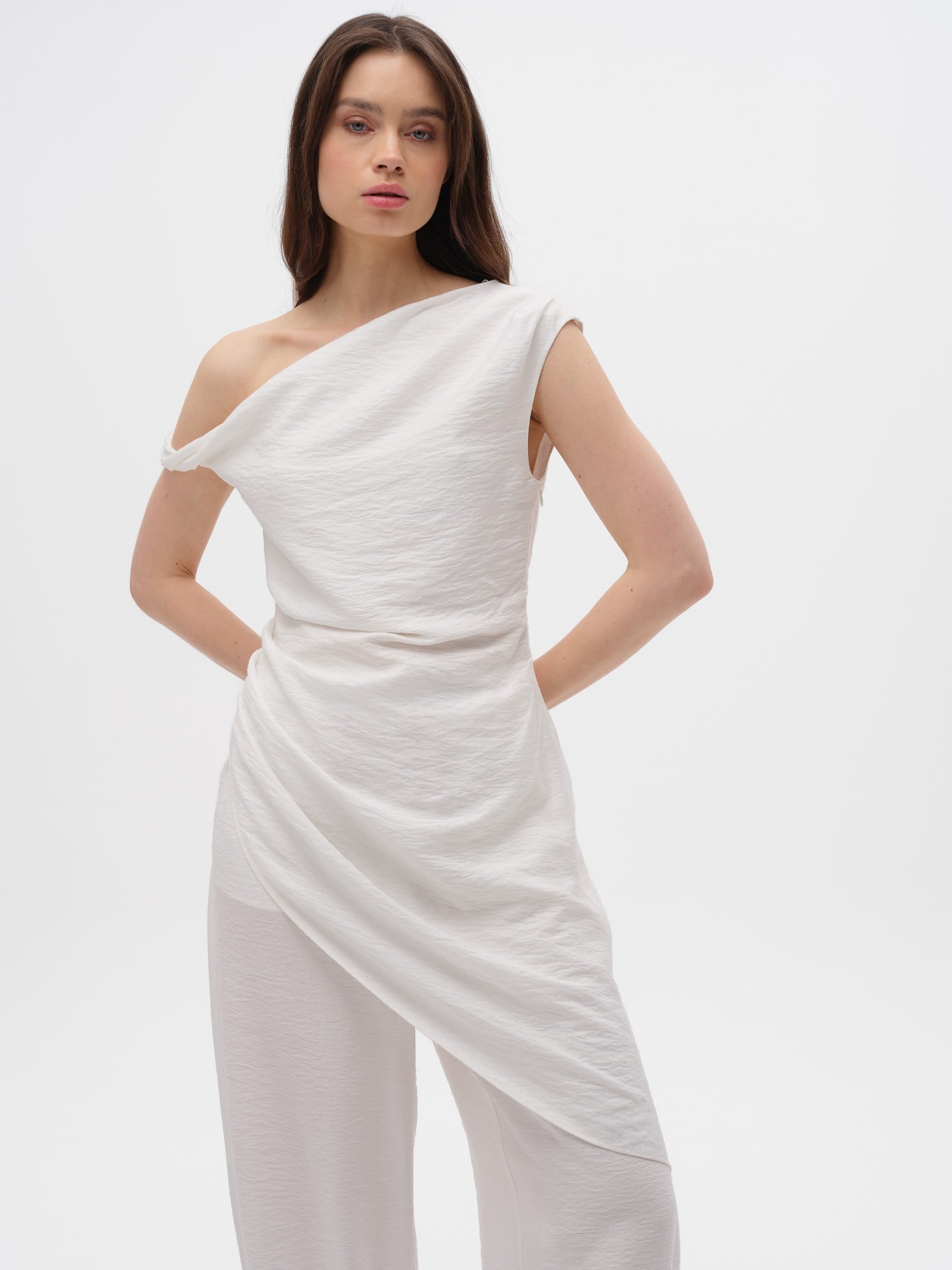 Piarbi Asimetrik Drapeli Uzun Bluz - Ekru Premium Viskon Karışımlı Akışkan Tasarım Long Blouse