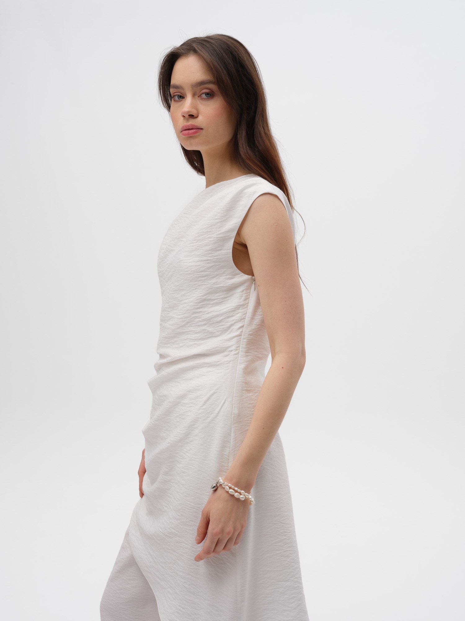 Piarbi Asimetrik Drapeli Uzun Bluz - Ekru Premium Viskon Karışımlı Akışkan Tasarım Long Blouse