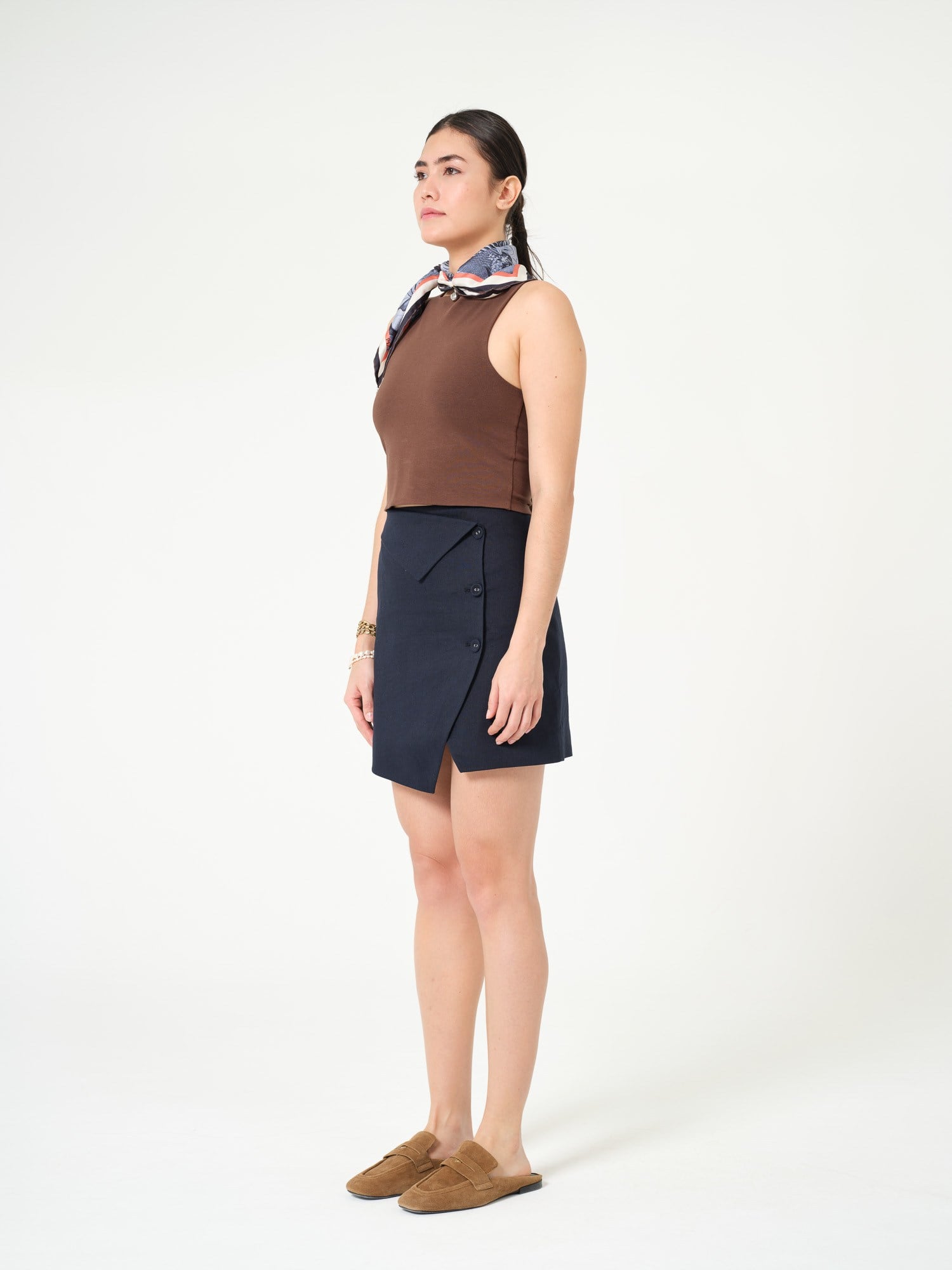 Piarbi Asimetrik Düğme Detaylı Mini Etek - Lacivert Premium Keten Karışımlı Asymmetrical Button Short Skirt