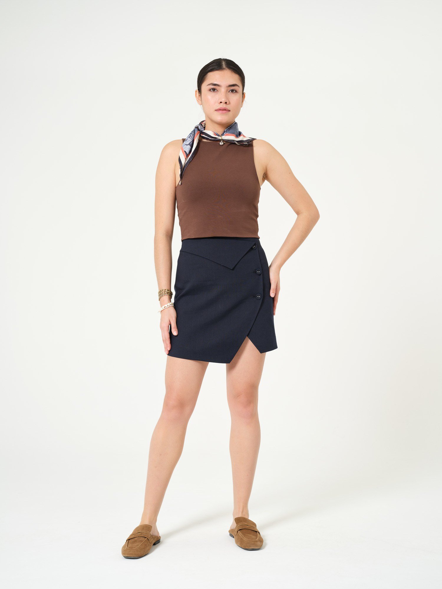 Piarbi Asimetrik Düğme Detaylı Mini Etek - Lacivert Premium Keten Karışımlı Asymmetrical Button Short Skirt