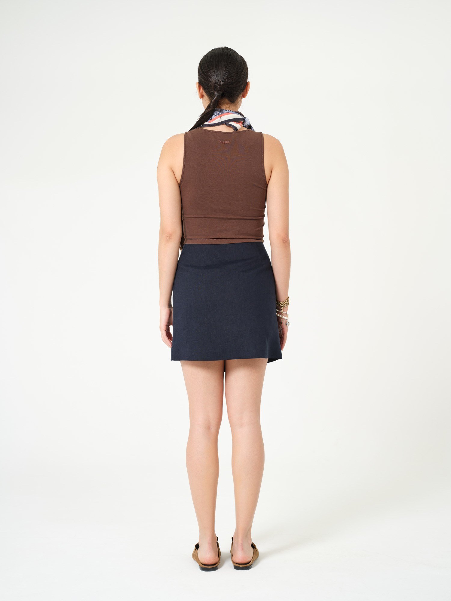 Piarbi Asimetrik Düğme Detaylı Mini Etek - Lacivert Premium Keten Karışımlı Asymmetrical Button Short Skirt