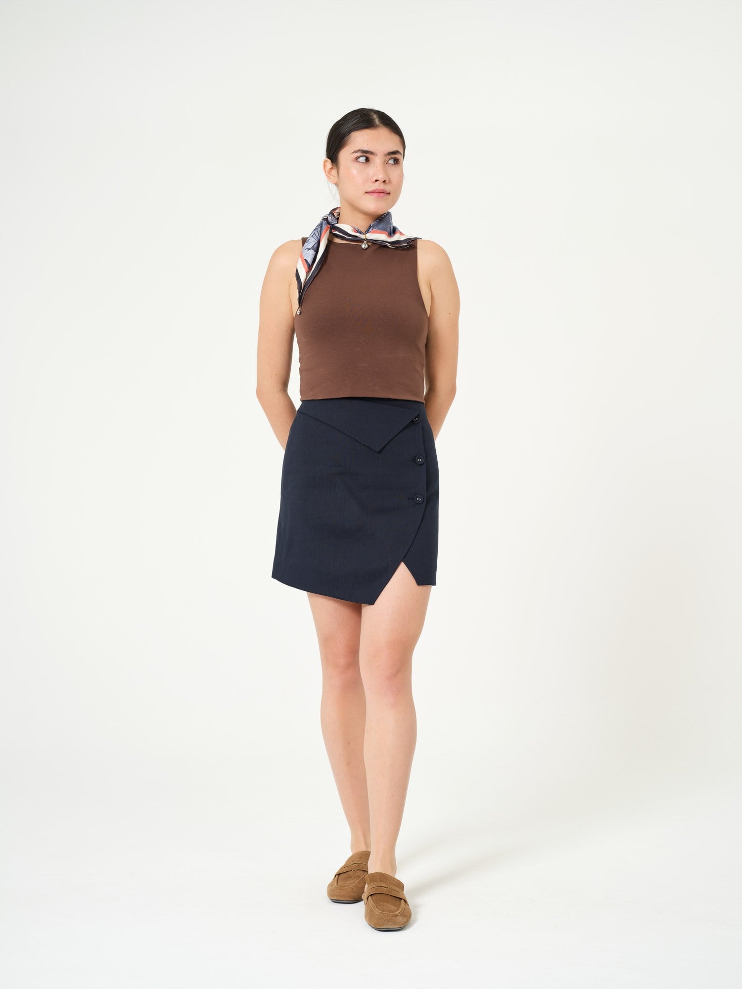 Piarbi Asimetrik Düğme Detaylı Mini Etek - Lacivert Premium Keten Karışımlı Asymmetrical Button Short Skirt