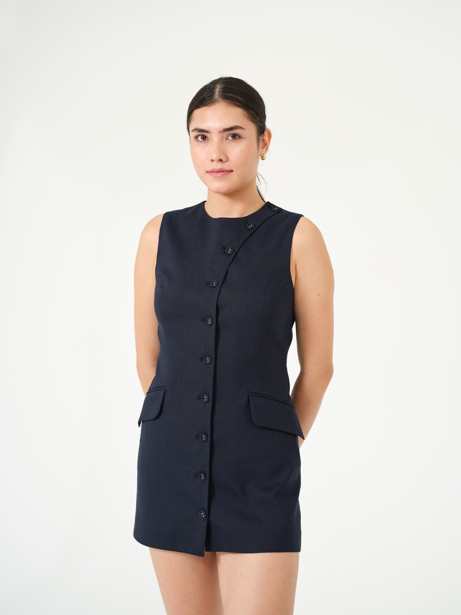 Piarbi Asimetrik Düğmeli Keten Elbise Yelek - Lacivert Premium Linen Karışımlı Short Dress Vest Tasarım