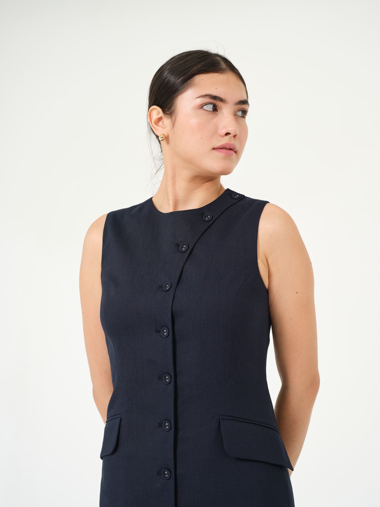 Piarbi Asimetrik Düğmeli Keten Elbise Yelek - Lacivert Premium Linen Karışımlı Short Dress Vest Tasarım
